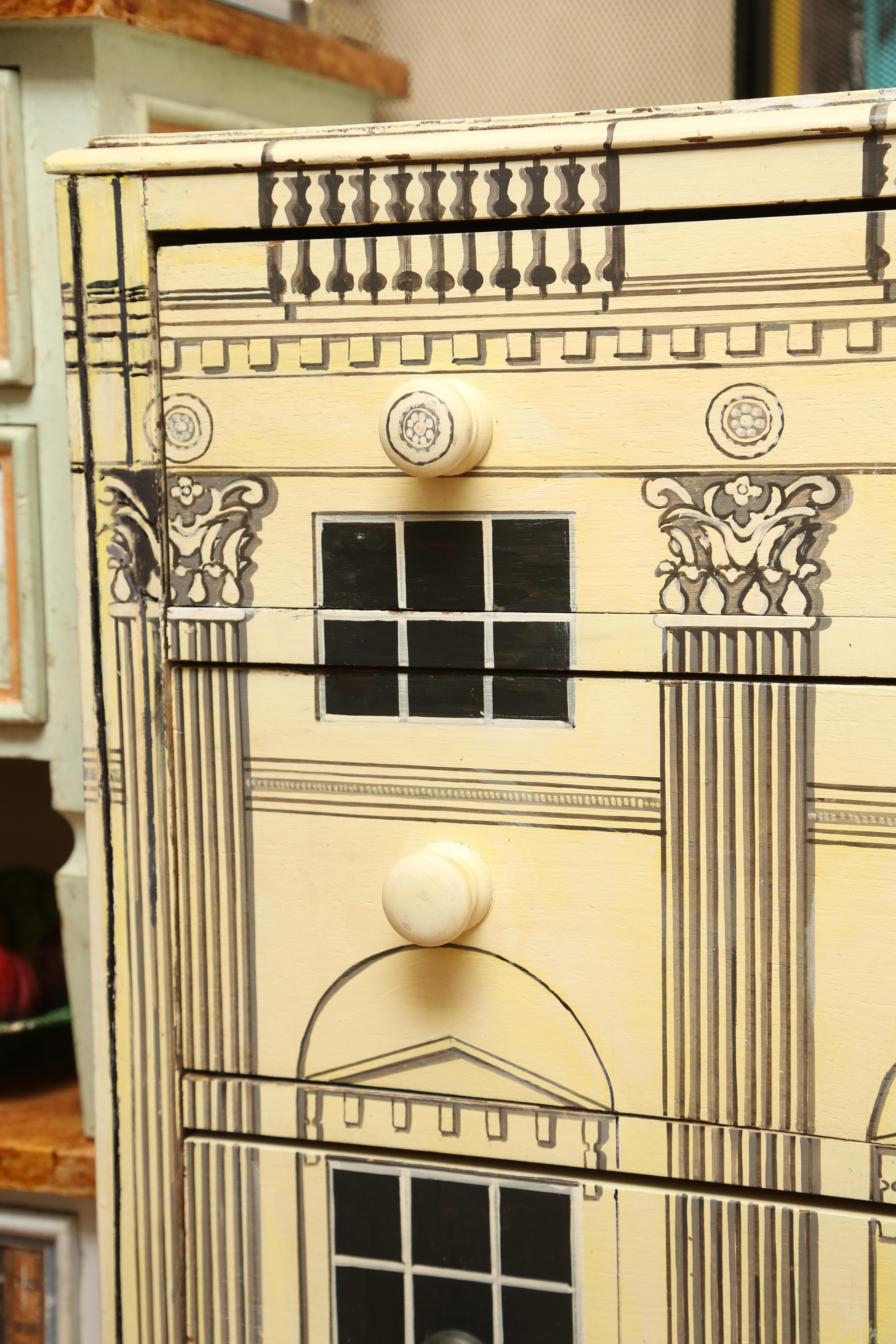 Hand painted four-drawer commode that depicts an Italian Palladian Villa in the style of Fornasetti.