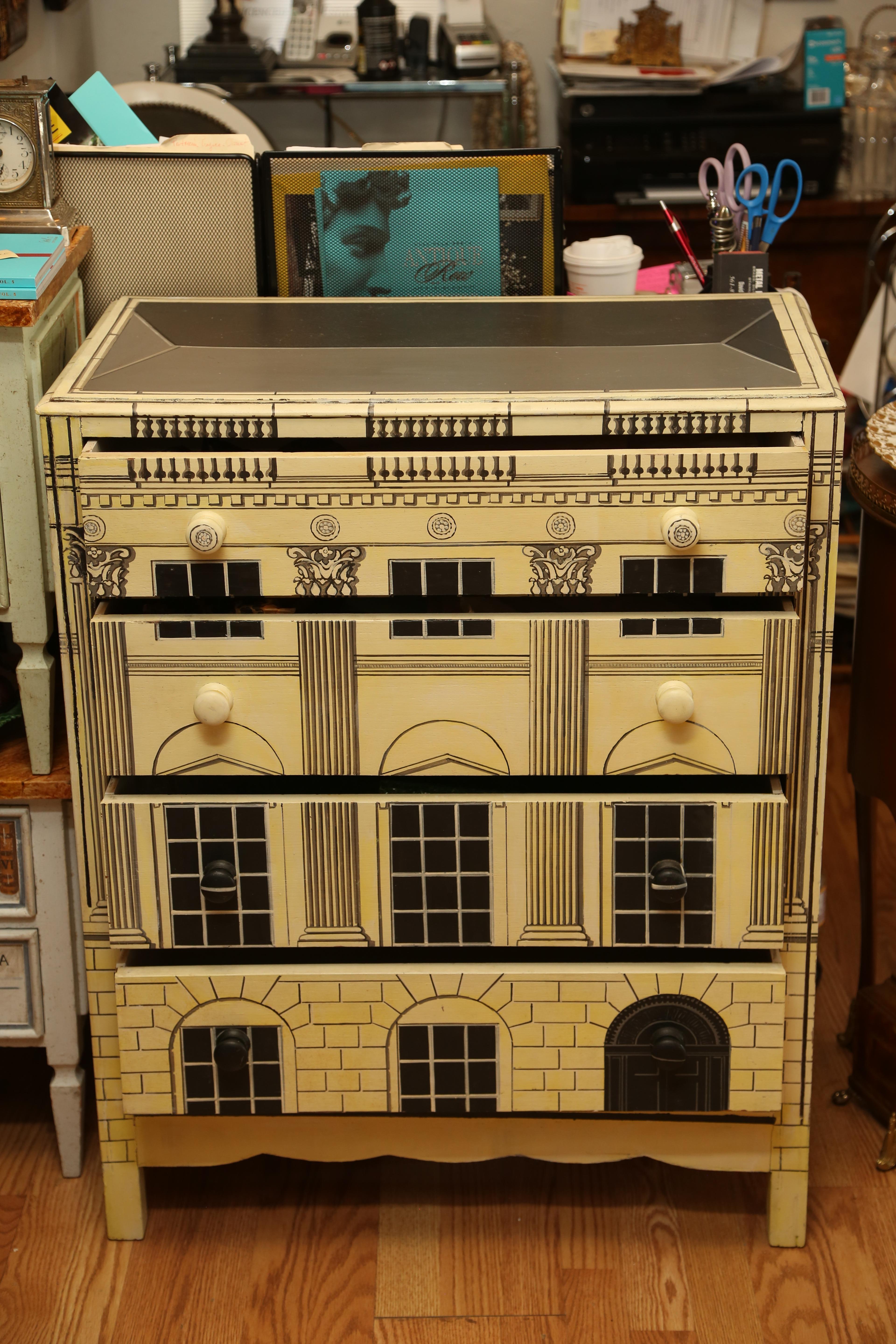 Wood Fornasetti Style Palladian Chest 