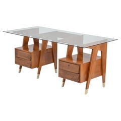 Vintage Four Drawer Walnut Desk With Vitrex Glass Top by Melchiorre Bega, Italy, c.1950