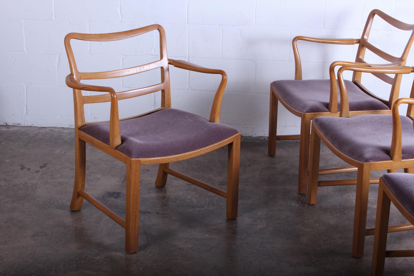 A set of four Dunbar armchairs in bleached mahogany with mohair upholstery. Designed by Edward Wormley.
