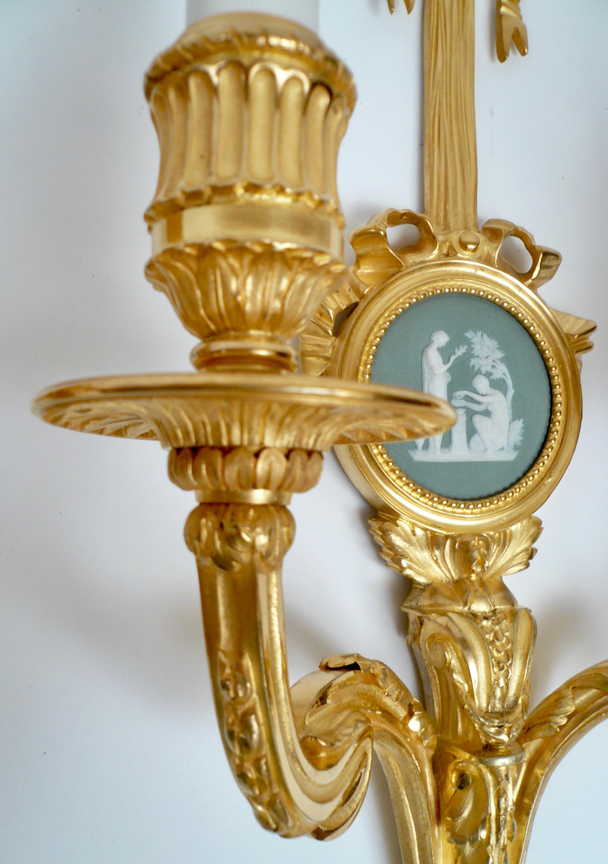 Four E. F. Caldwell Louis XVI Style Gilt Bronze Sconces with Wedgwood Plaques For Sale 5