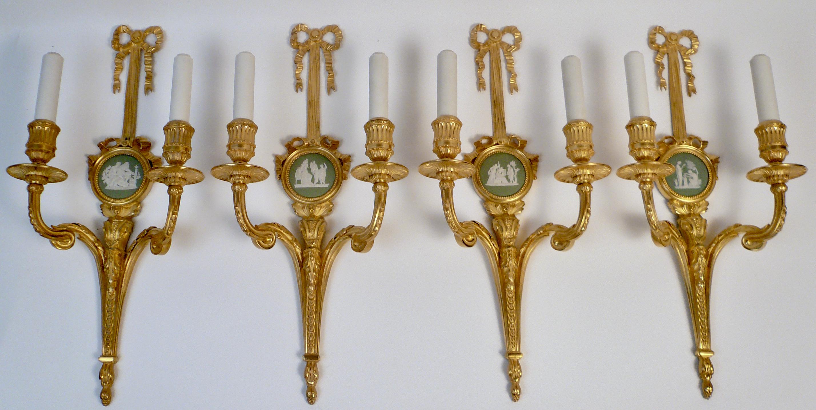 Four E. F. Caldwell Louis XVI Style Gilt Bronze Sconces with Wedgwood Plaques For Sale 7