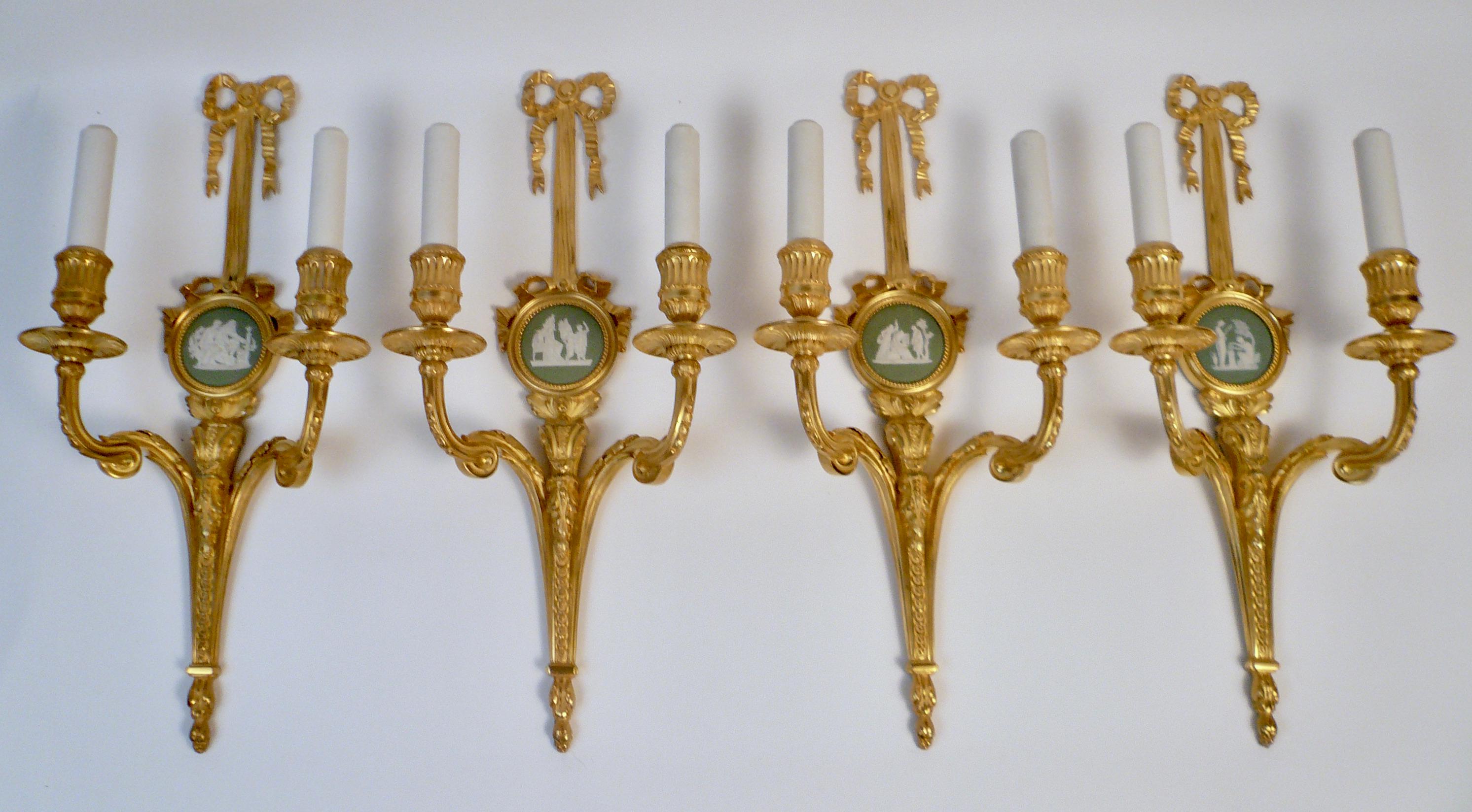 Four E. F. Caldwell Louis XVI Style Gilt Bronze Sconces with Wedgwood Plaques For Sale 8