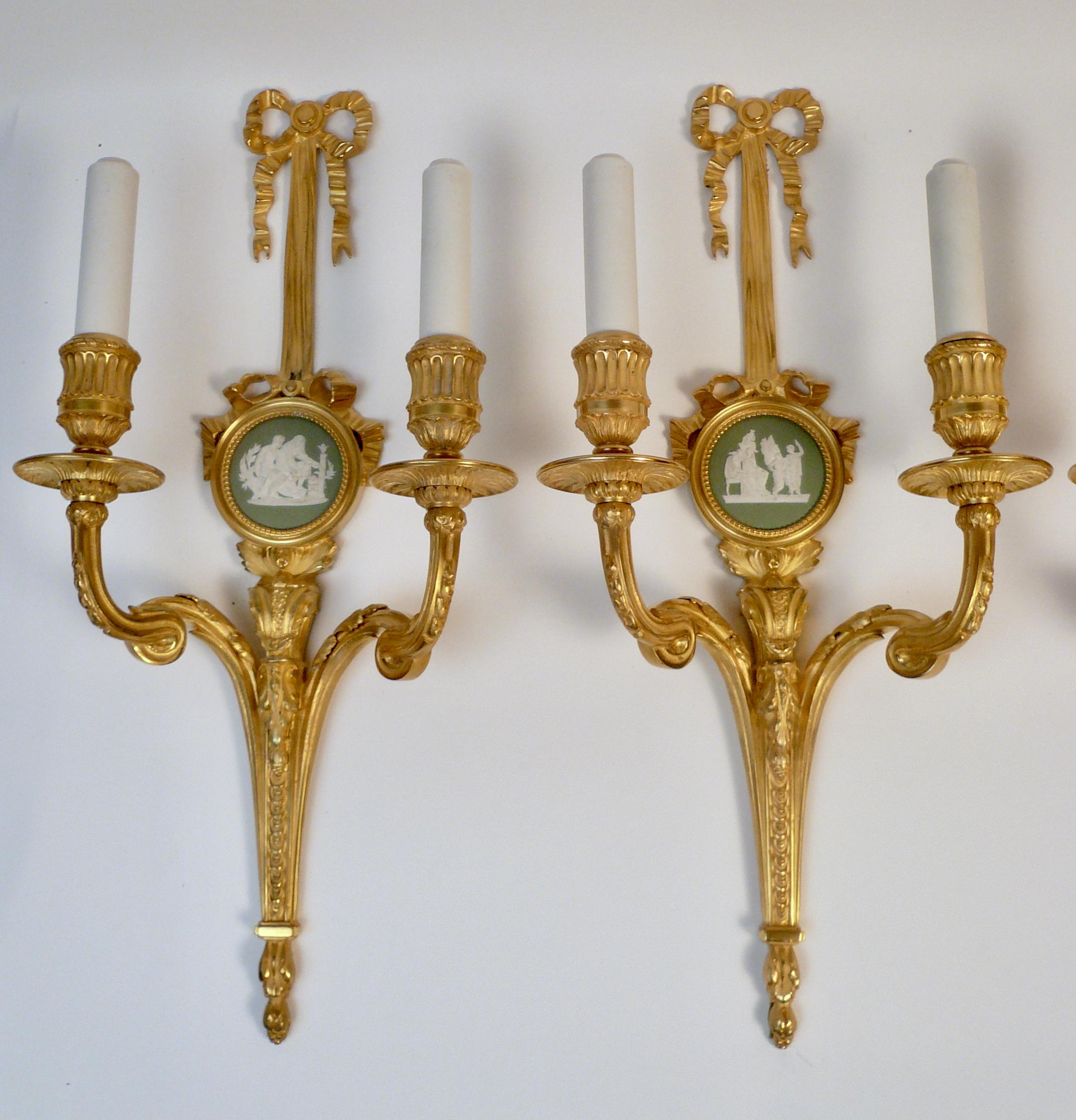 Four E. F. Caldwell Louis XVI Style Gilt Bronze Sconces with Wedgwood Plaques For Sale 9