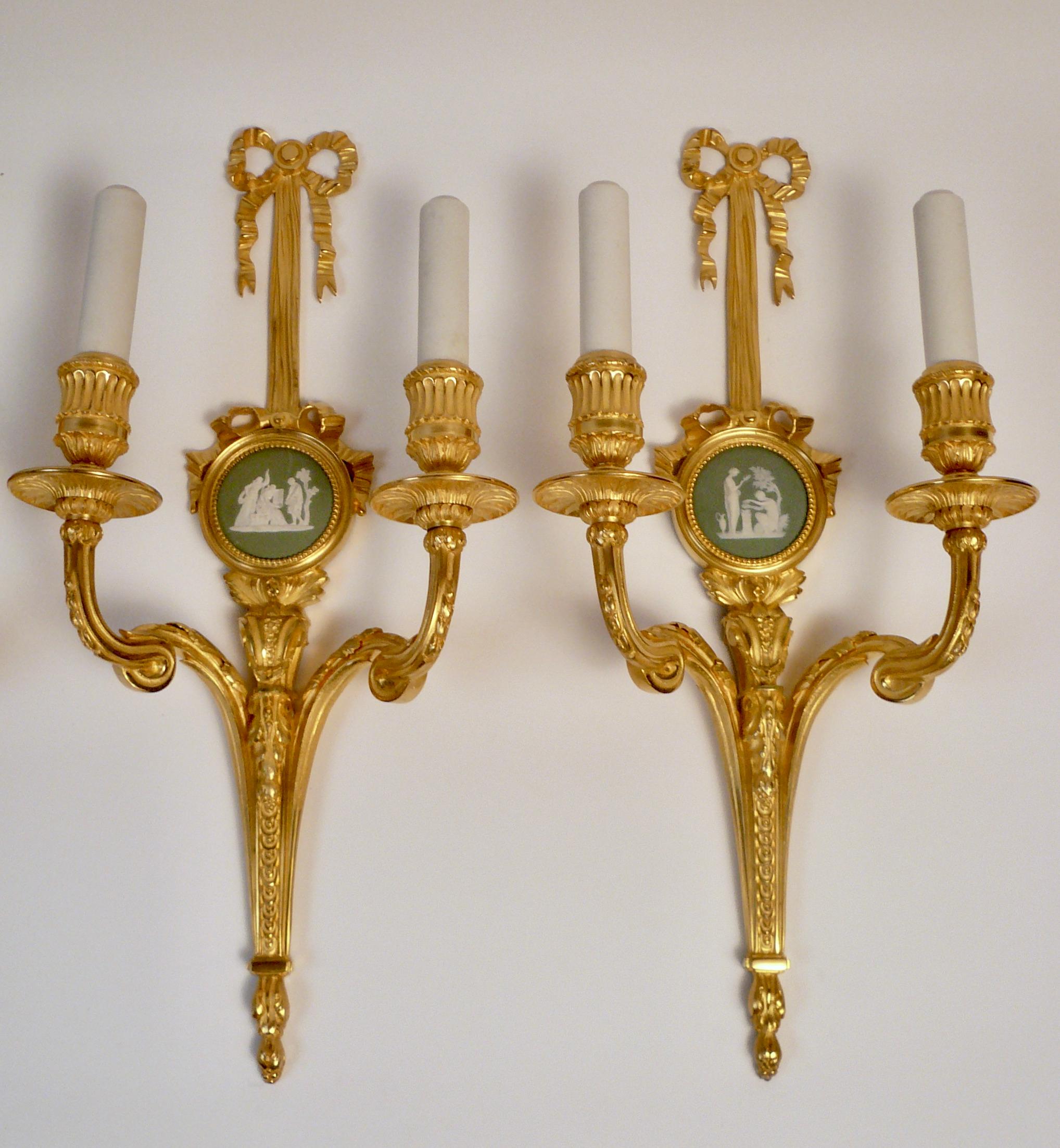 Four E. F. Caldwell Louis XVI Style Gilt Bronze Sconces with Wedgwood Plaques For Sale 10