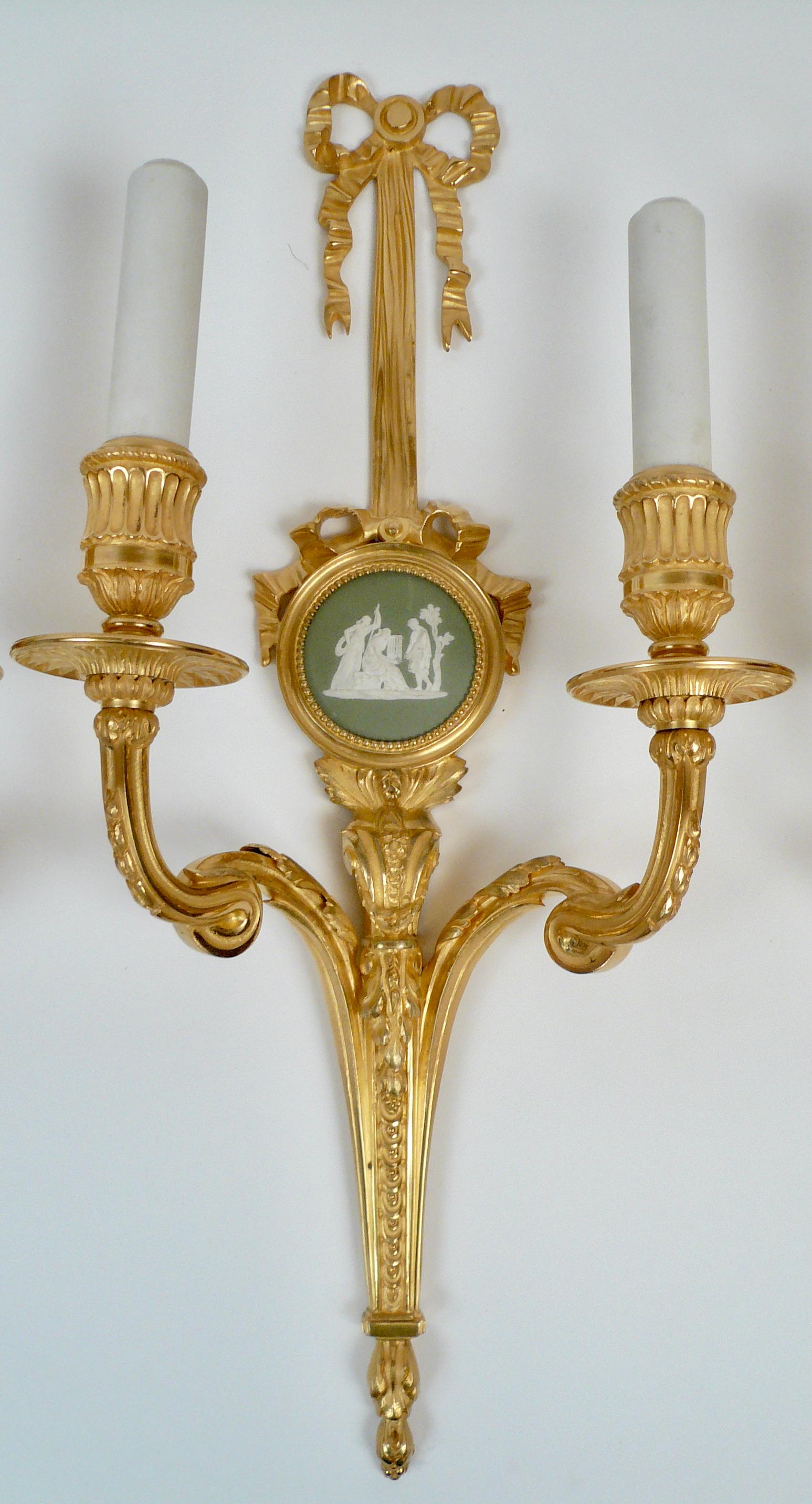 American Four E. F. Caldwell Louis XVI Style Gilt Bronze Sconces with Wedgwood Plaques For Sale