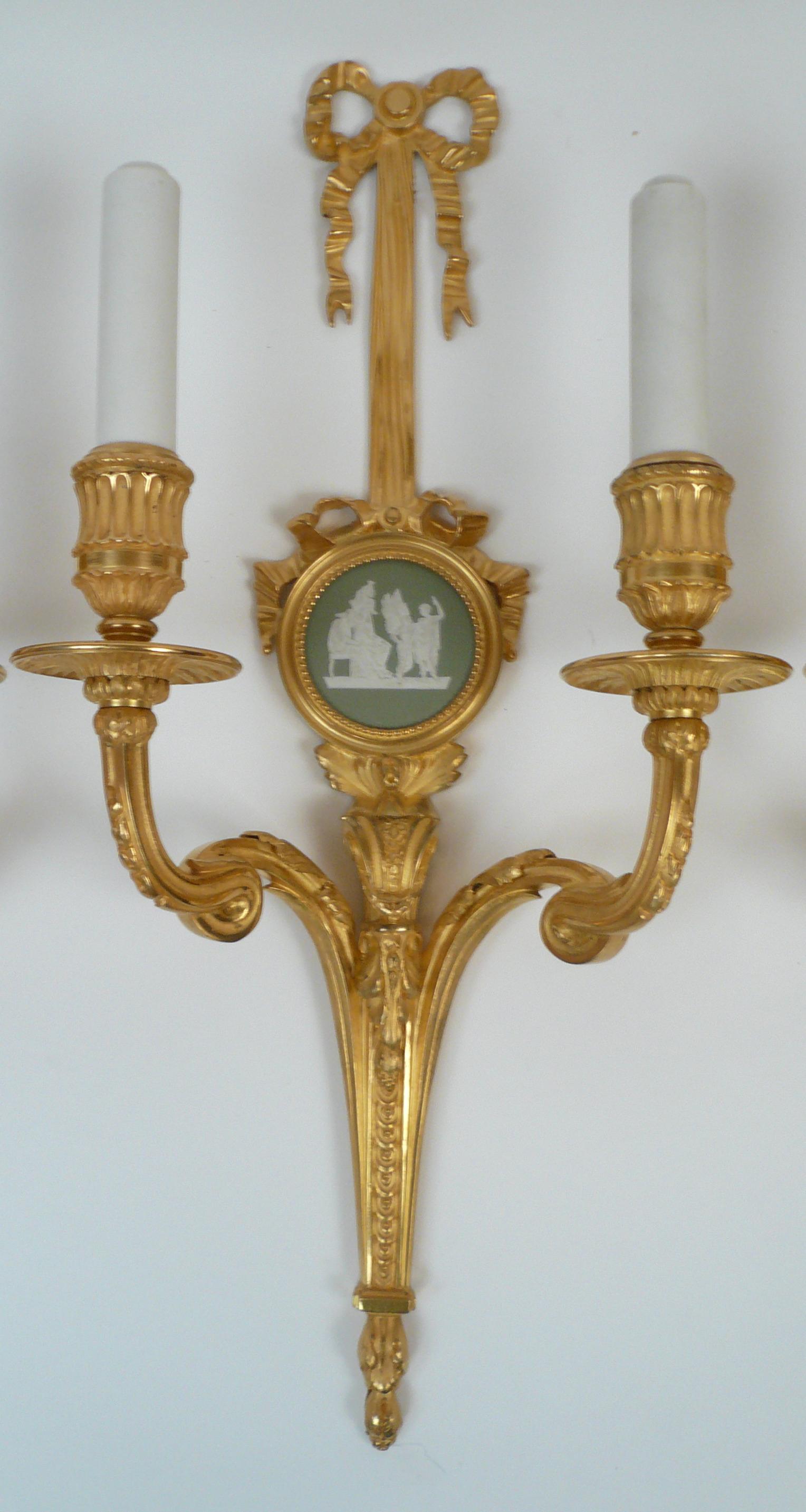18th Century Four E. F. Caldwell Louis XVI Style Gilt Bronze Sconces with Wedgwood Plaques For Sale