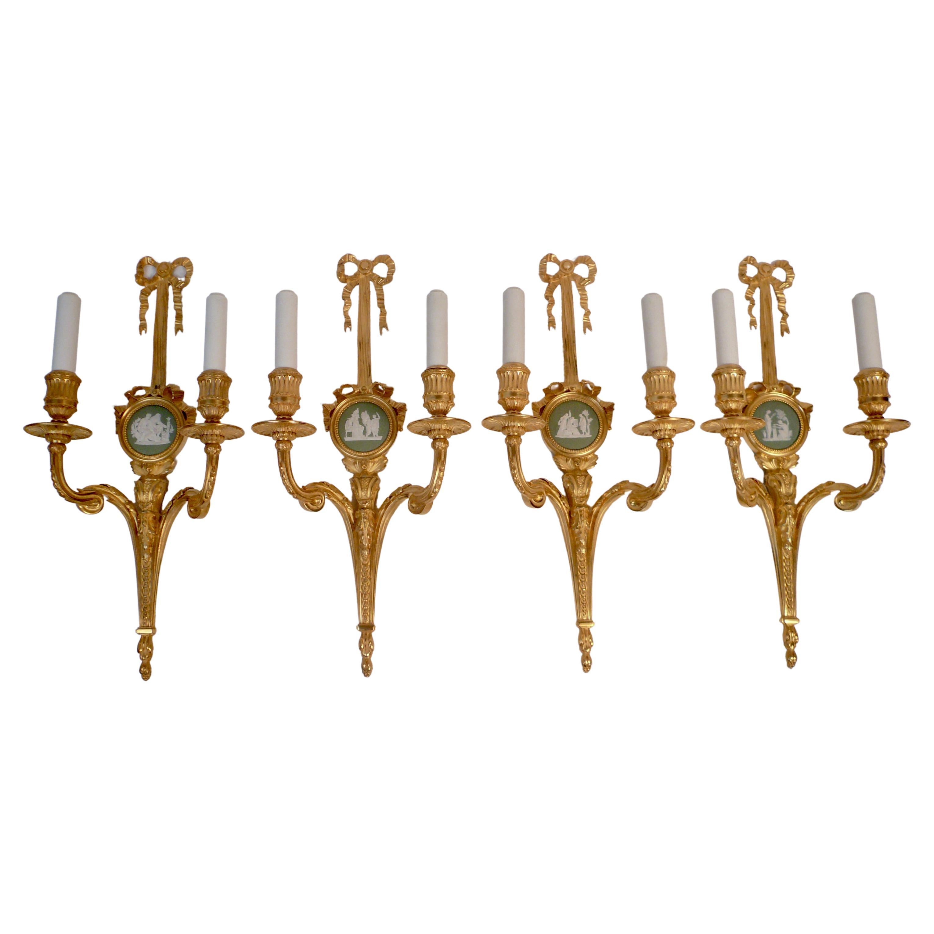 Four E. F. Caldwell Louis XVI Style Gilt Bronze Sconces with Wedgwood Plaques For Sale