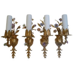 Antique Four E. F. Caldwell Neoclassical Style Gilt Bronze and Porcelain Flower Sconces