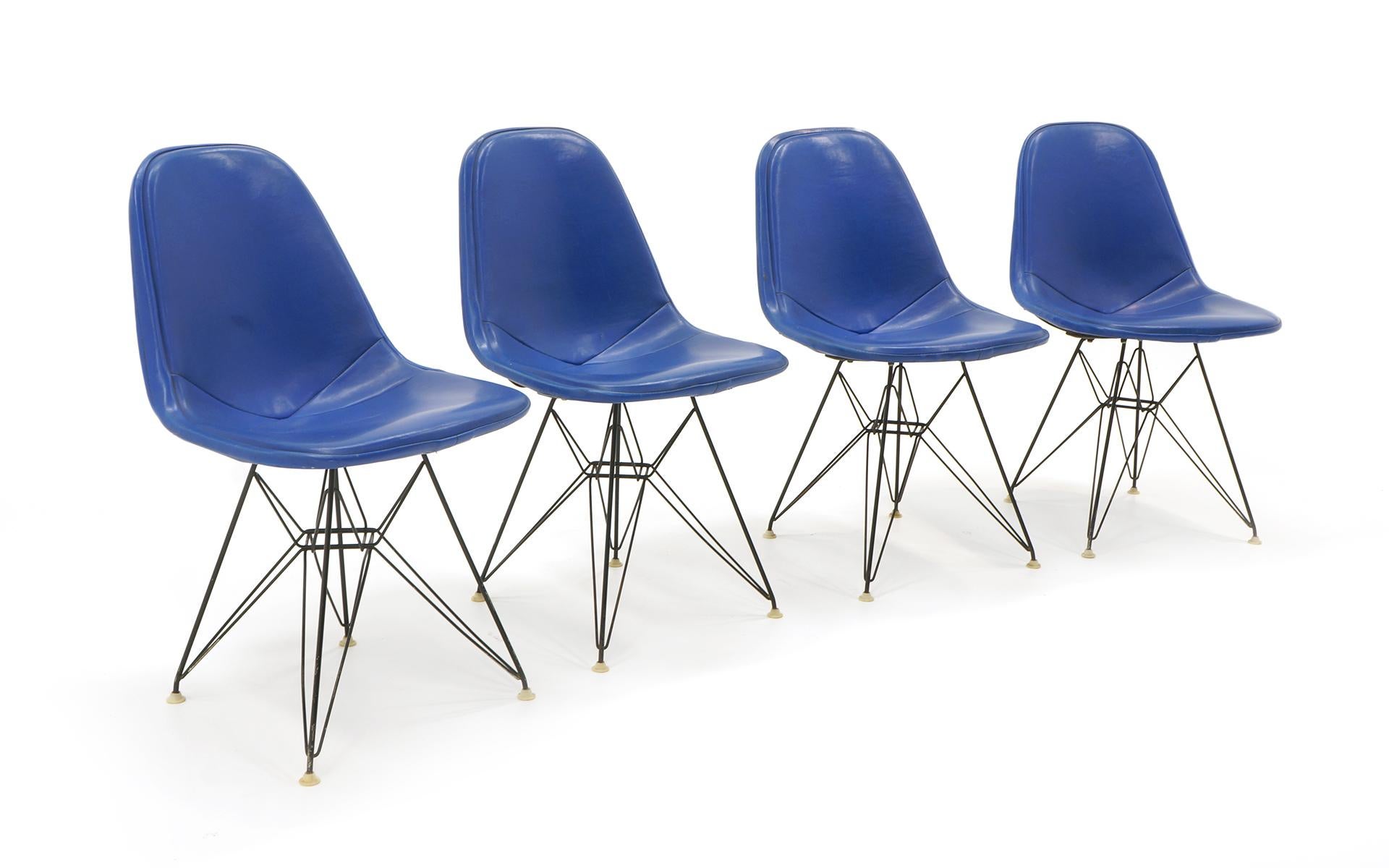 Set of 4 Charles and Ray Eames Black Wire DKR dining chairs, Eiffel Tower bases, Blue Alexander Girard Bikini covers, made by Herman Miller. Completely original. Signs of honest wear. Ready to use.