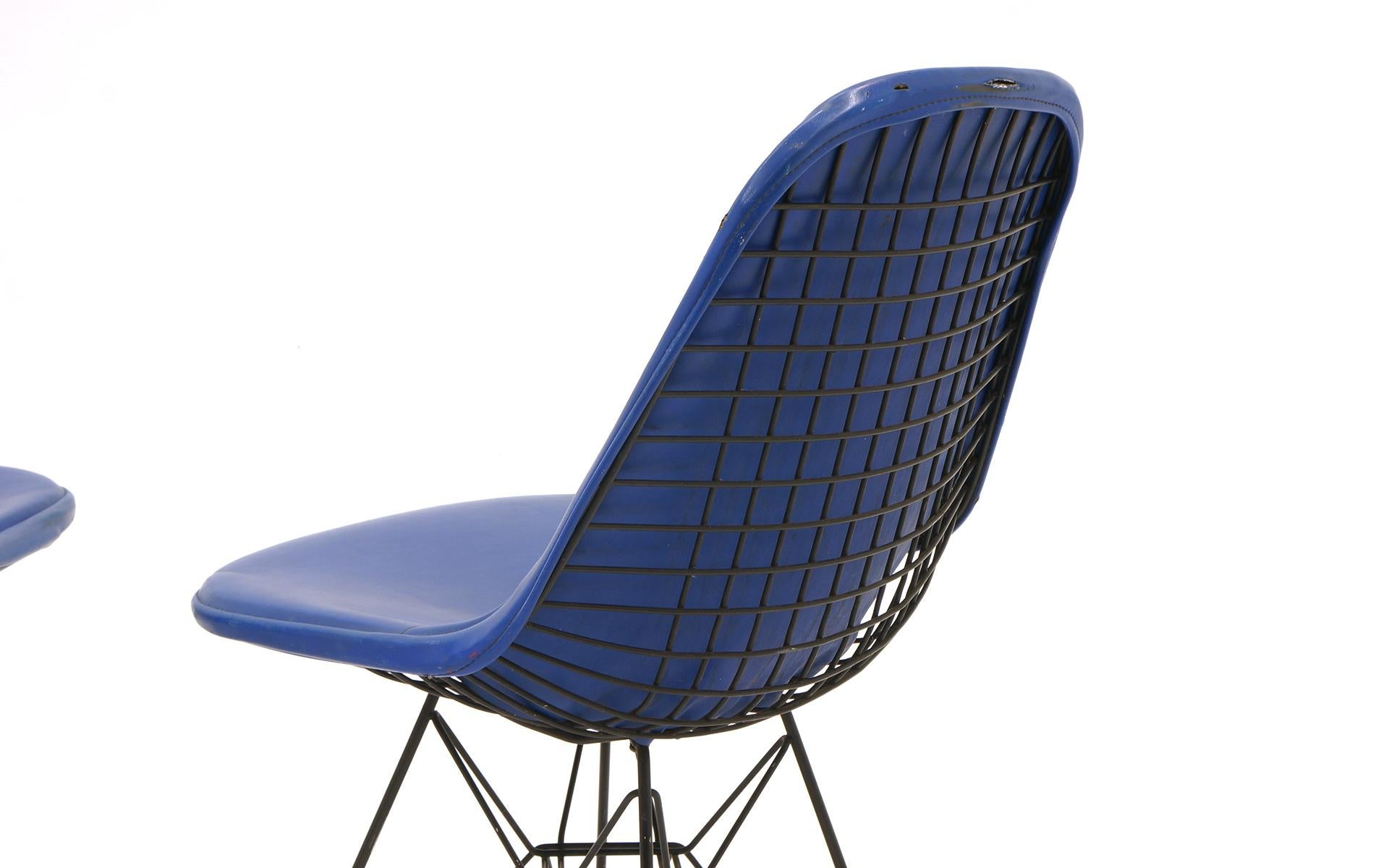 Mid-Century Modern Four Eames Black Wire DKR Dining Chairs, Eiffel Tower Bases, Blue Bikini Covers