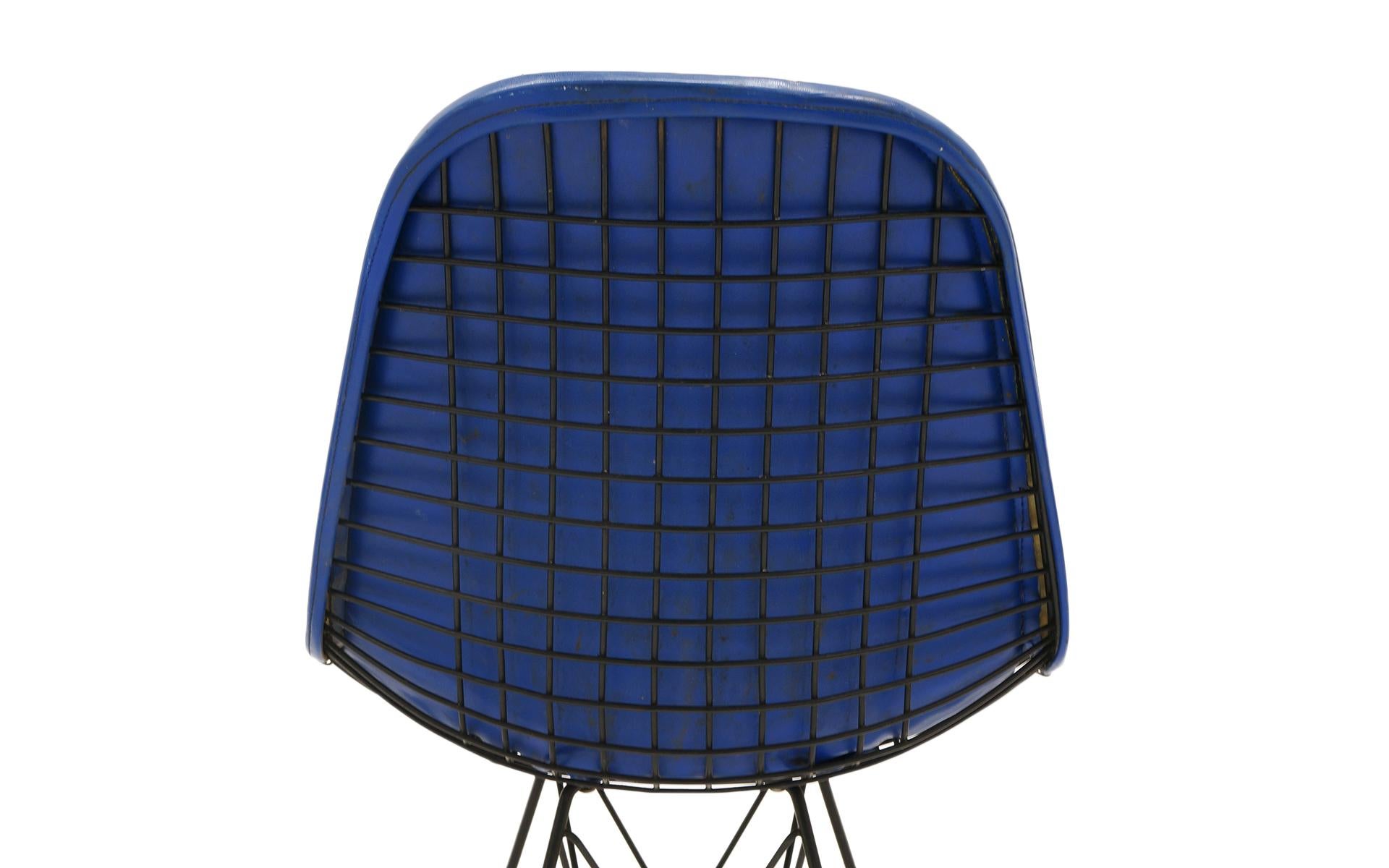 American Four Eames Black Wire DKR Dining Chairs, Eiffel Tower Bases, Blue Bikini Covers