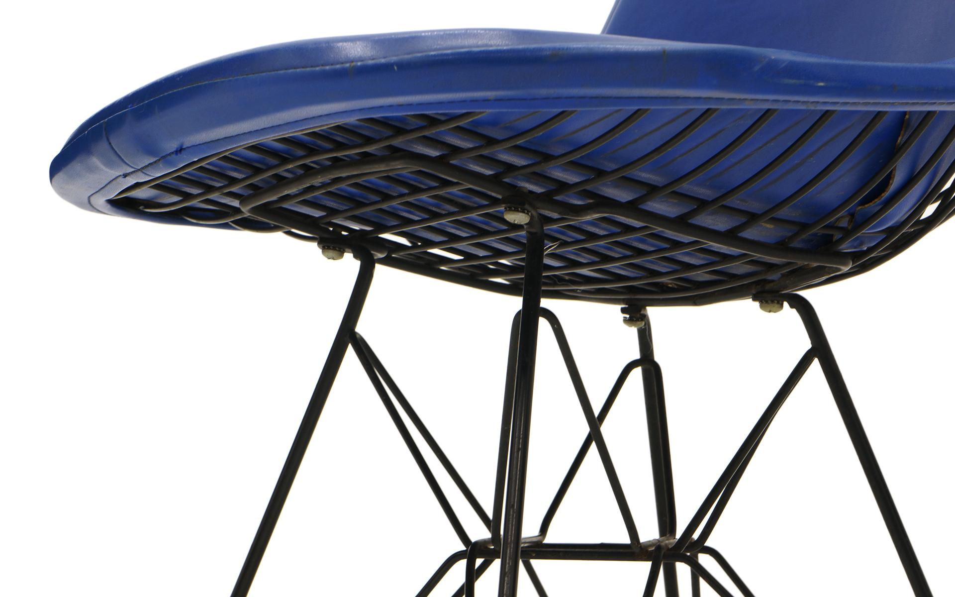 Mid-20th Century Four Eames Black Wire DKR Dining Chairs, Eiffel Tower Bases, Blue Bikini Covers