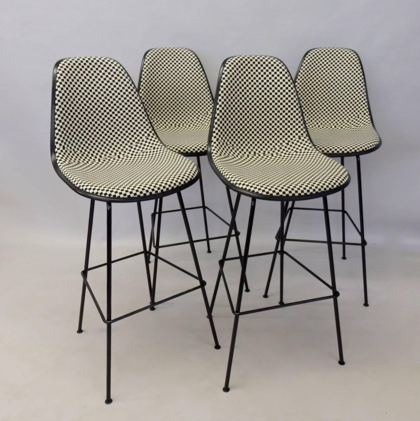 Mid-Century Modern Four Eames Herman Miller Bar Stools with Girard black white Checkerboard Fabric