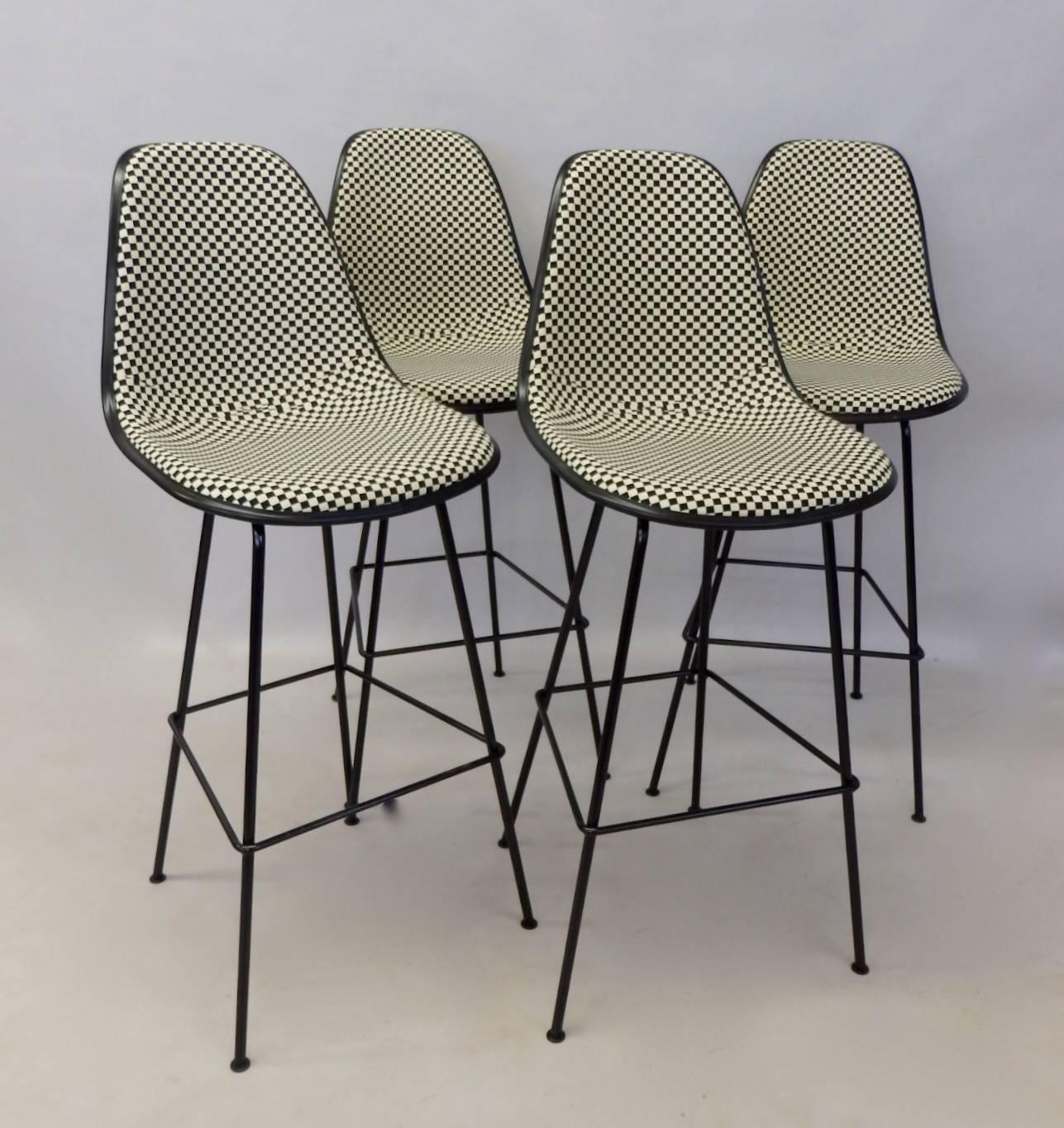 American Four Eames Herman Miller Bar Stools with Girard black white Checkerboard Fabric