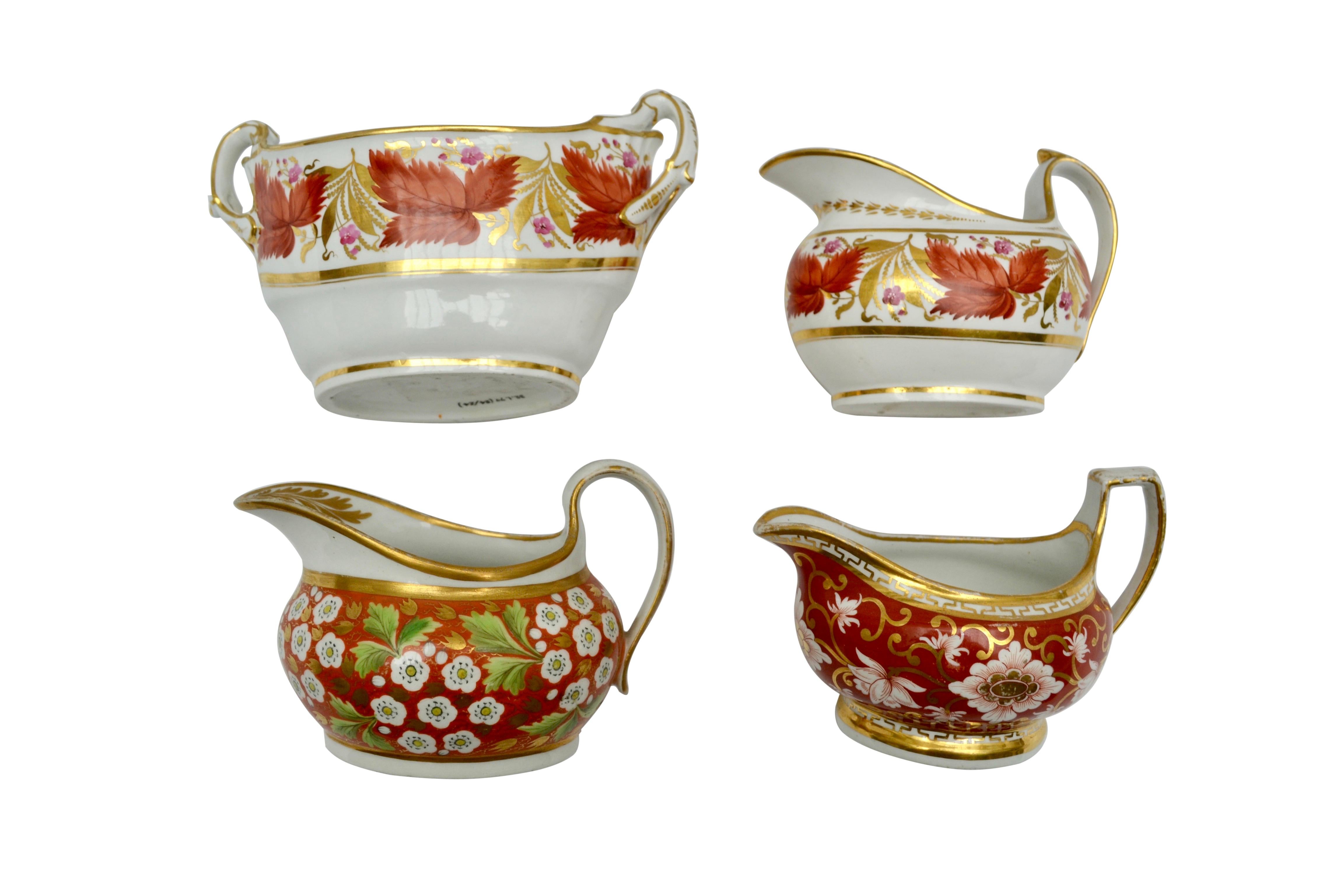 A set of four early 19th century English Porcelain sauce boats mostly in coral and gold hues The one on the left in the forefront of the leading photo is New Hall circa 1810. It measures 6