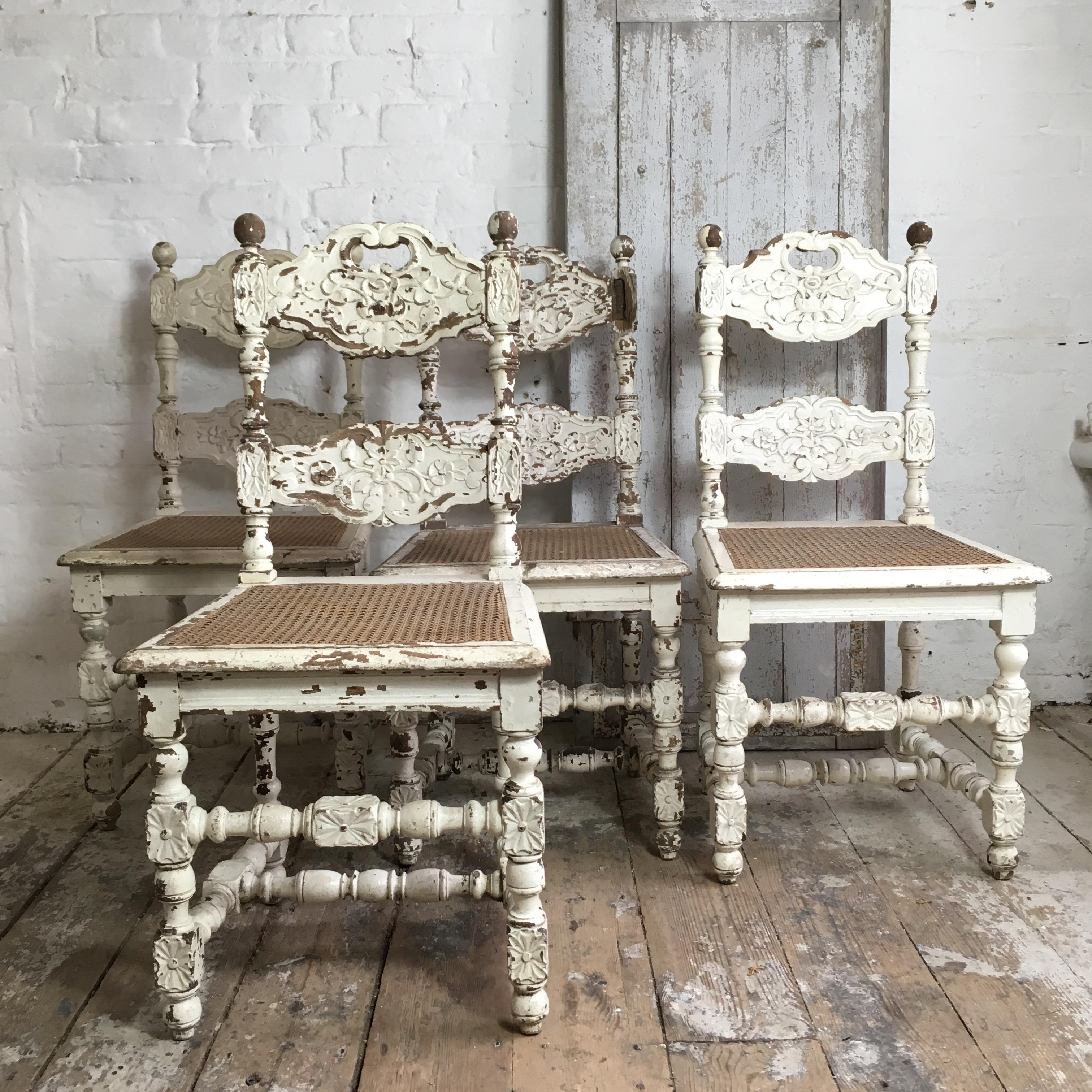 Hand-Carved Four Early 19th Century French Carved Oak Dining Chairs
