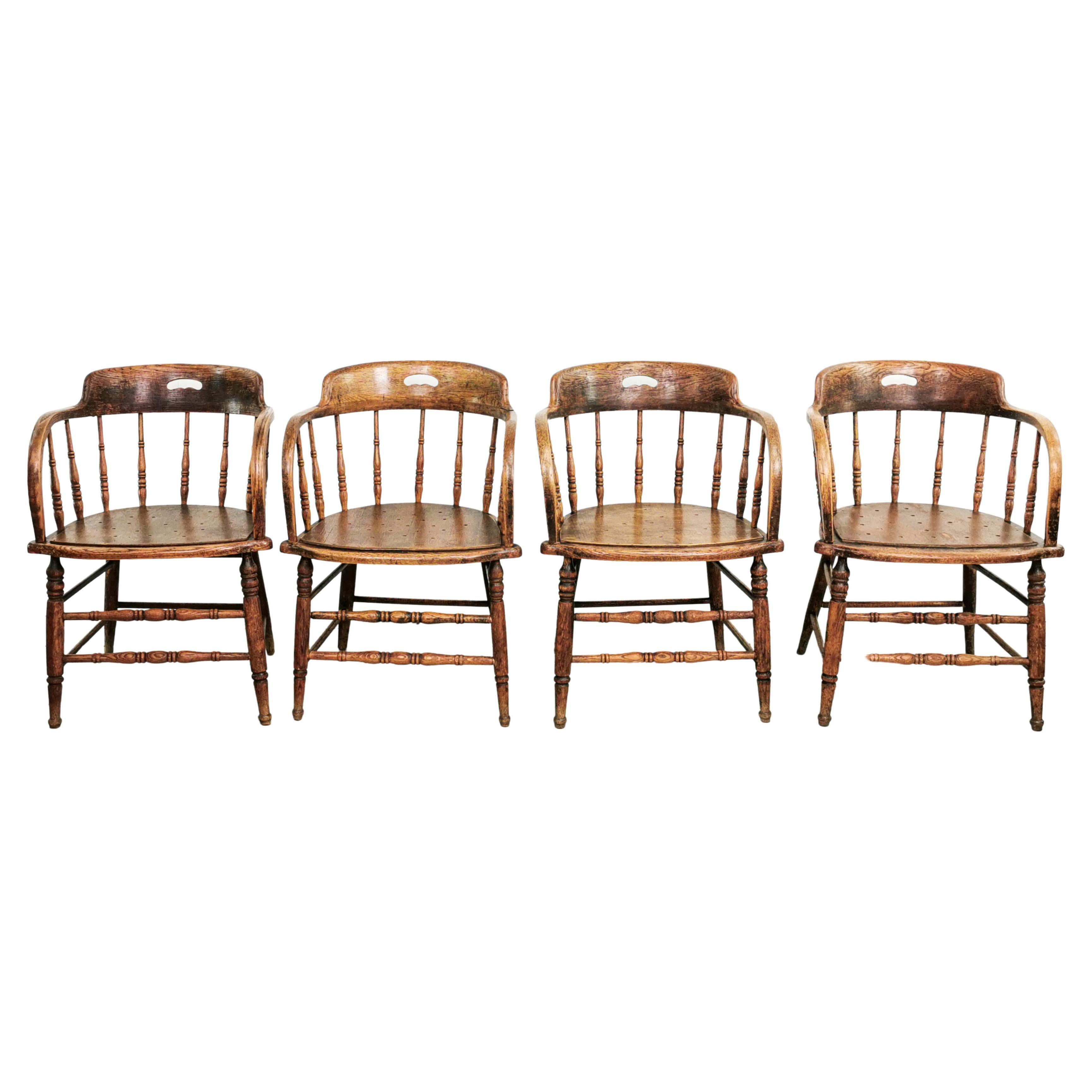 Four Early 20th Century Oak Fire House Captains Chairs Carver Chairs