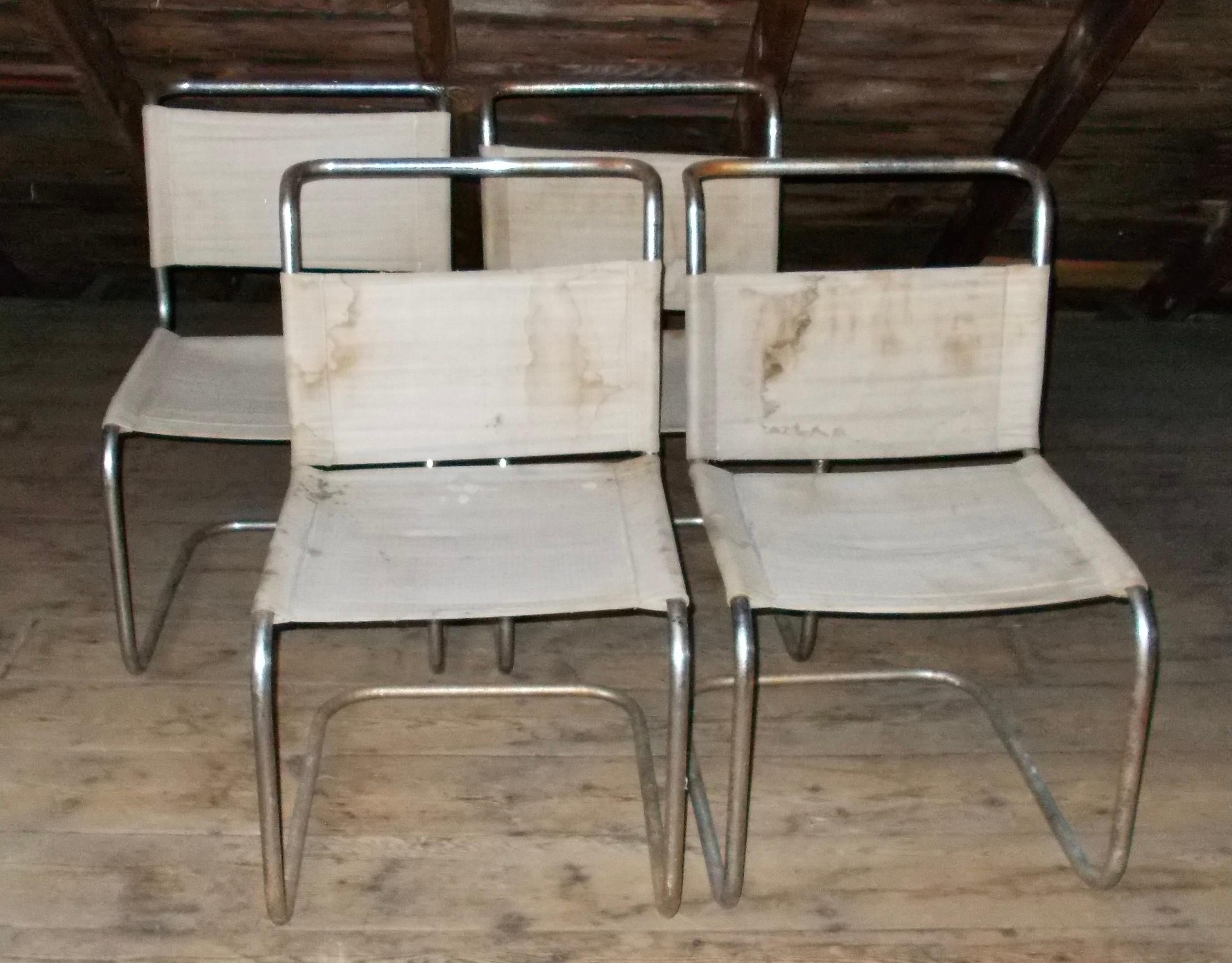 Bauhaus Four Early Breuer B-33 Canvas and Tubular Steel Side Chairs For Sale