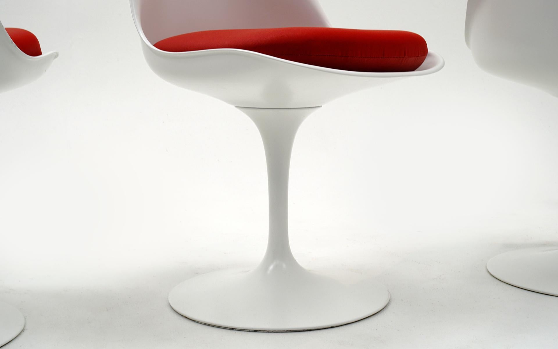 Upholstery Four Eero Saarinen for Knoll Tulip Swivel Dining Chairs, White, Red, Excellent