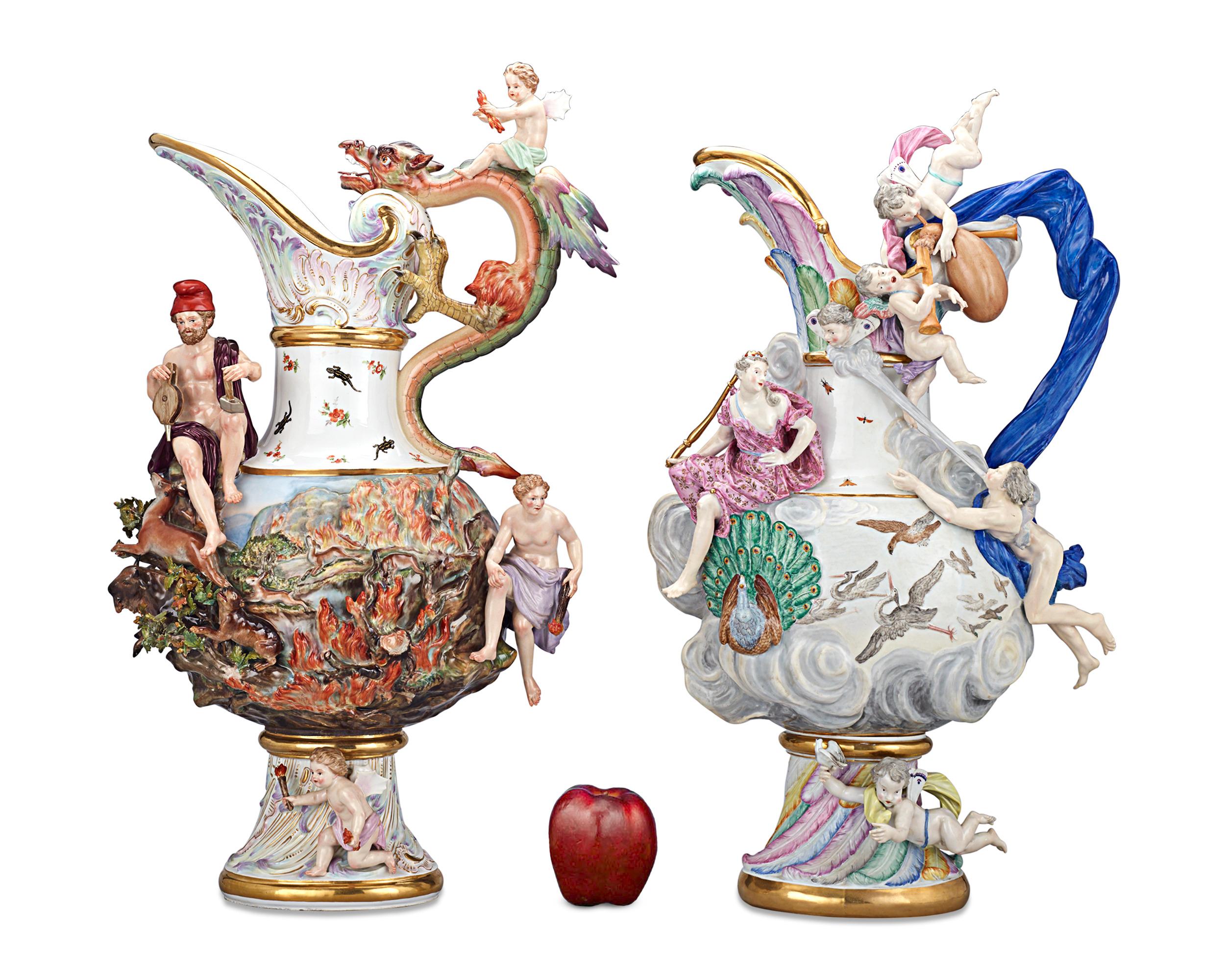 This extremely rare and important set of Meissen ewers represents the Four Elements: Earth, Air, Water and Fire. Impressive in both size and artistry, they are among the most famous and spectacular examples of Meissen palace porcelain ever made.