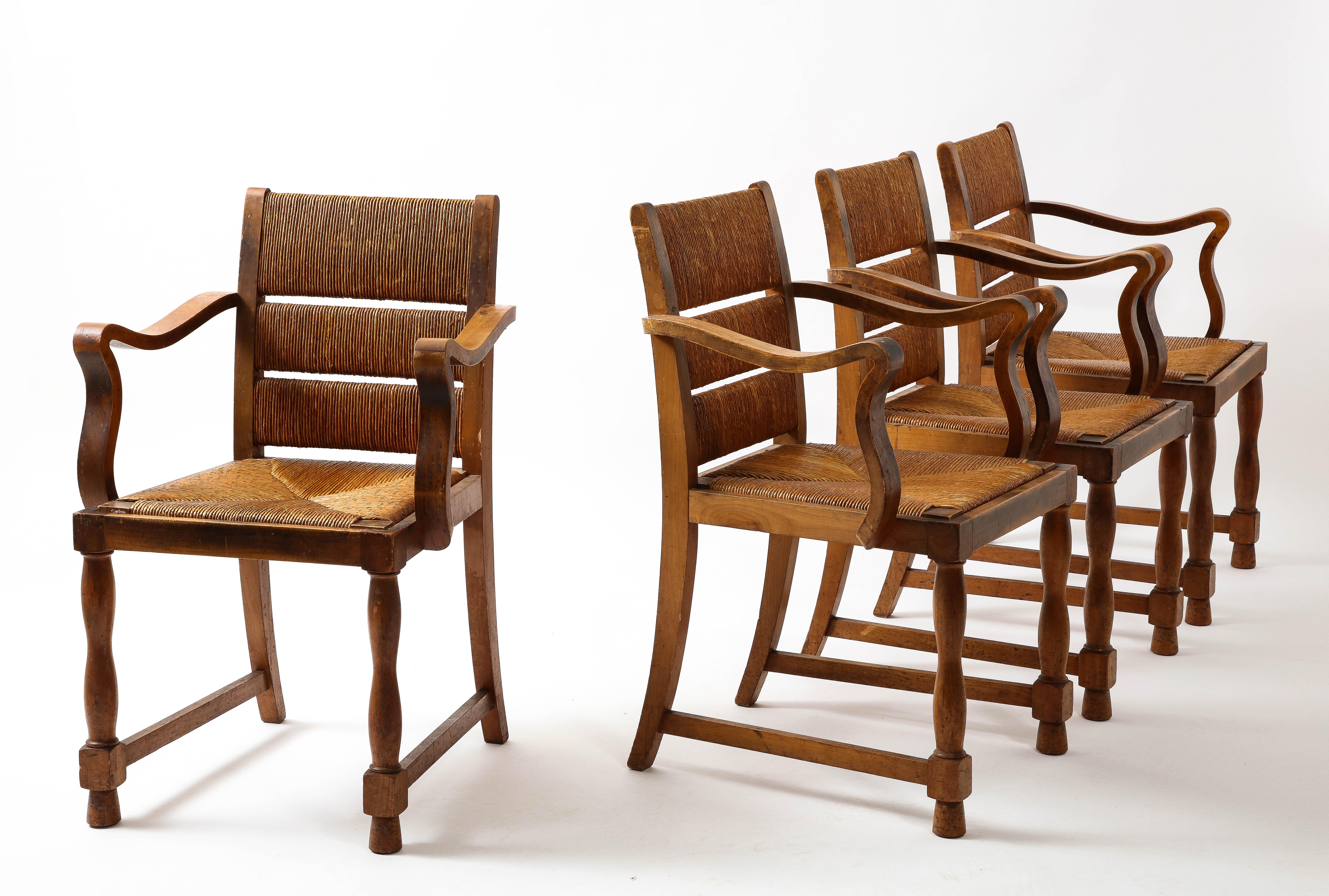 Four Elm & Rush Chairs by Courtray, France 1940s 7