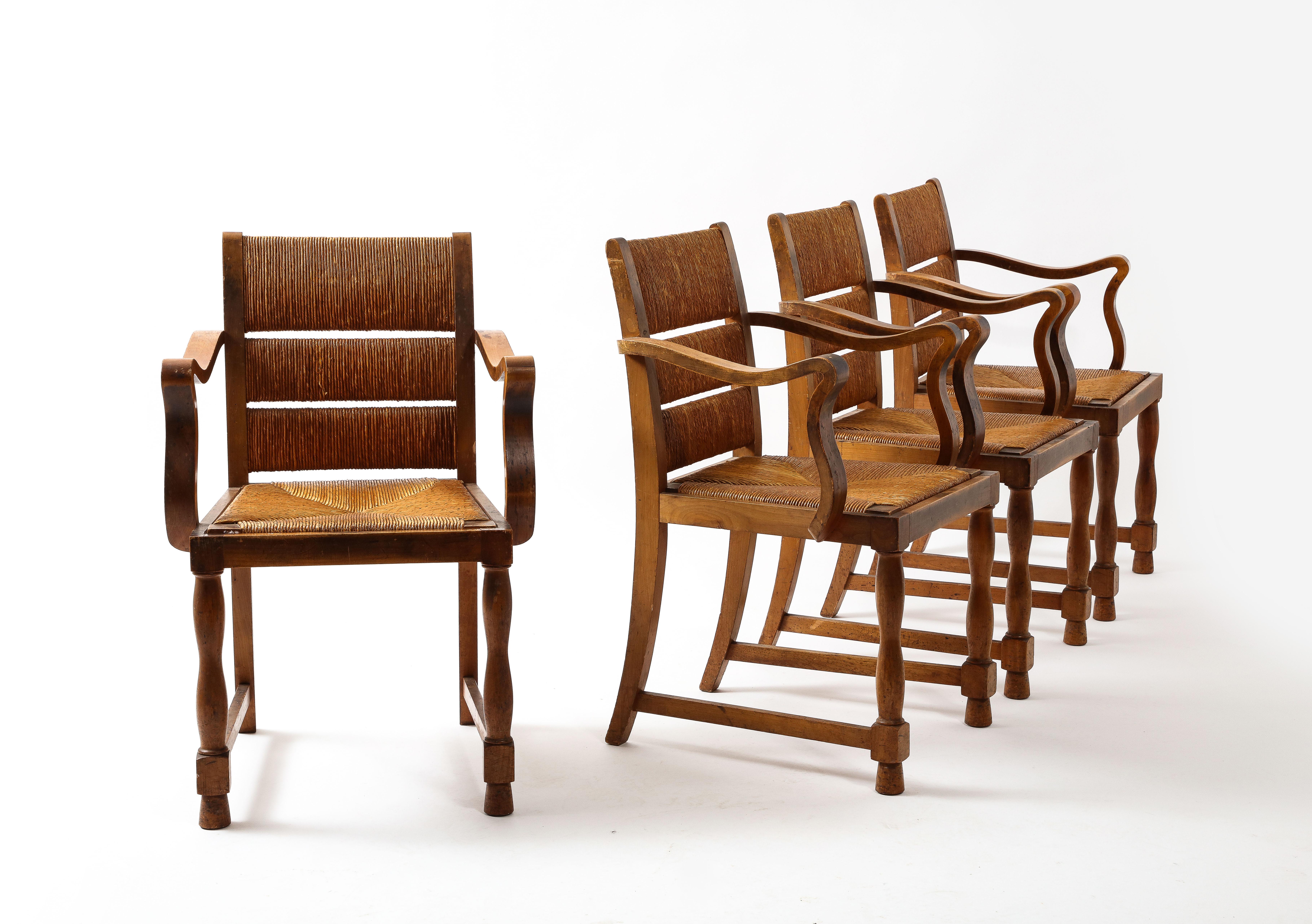 Four Elm & Rush Chairs by Courtray, France 1940s 8