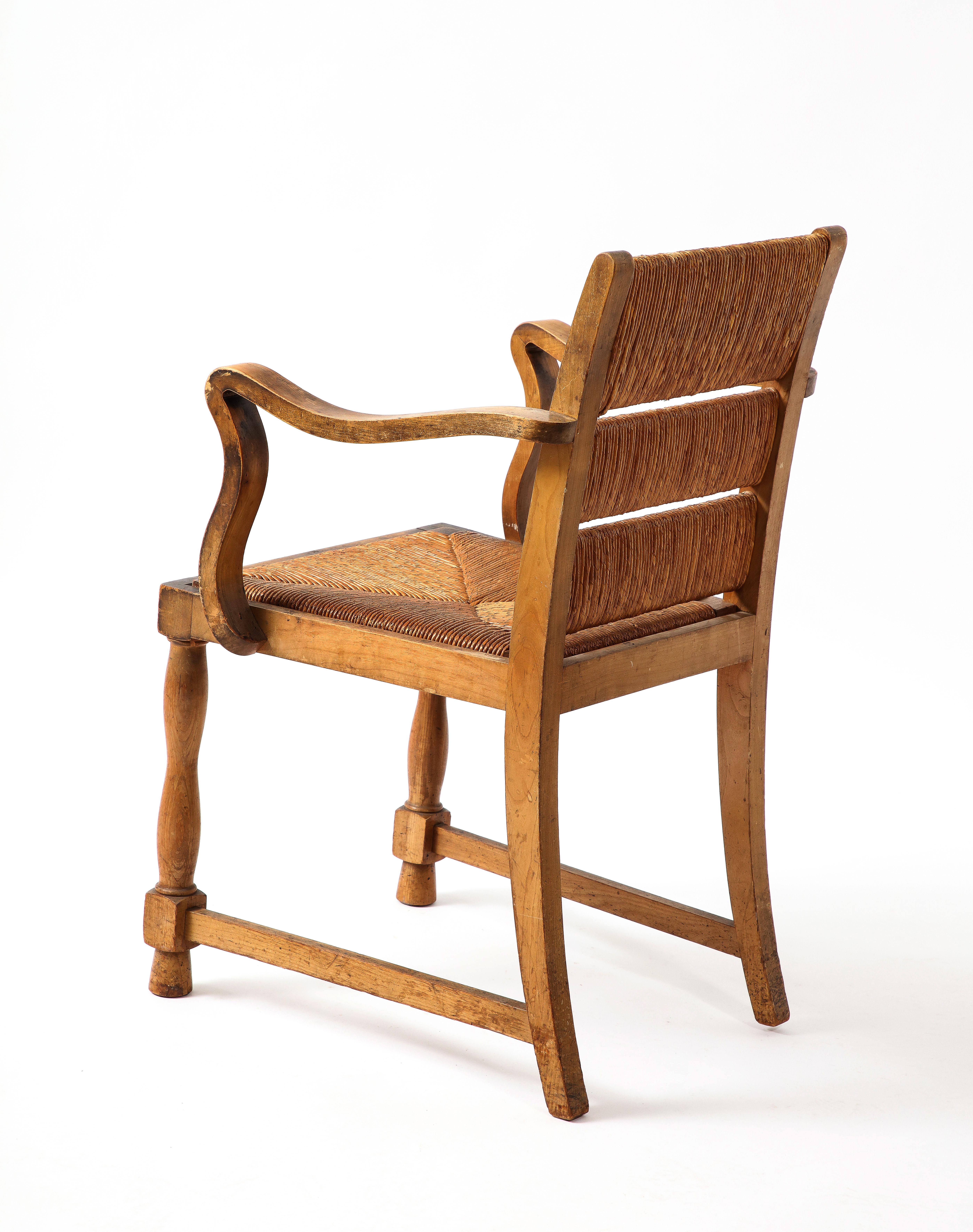 Rustic Four Elm & Rush Chairs by Courtray, France 1940s