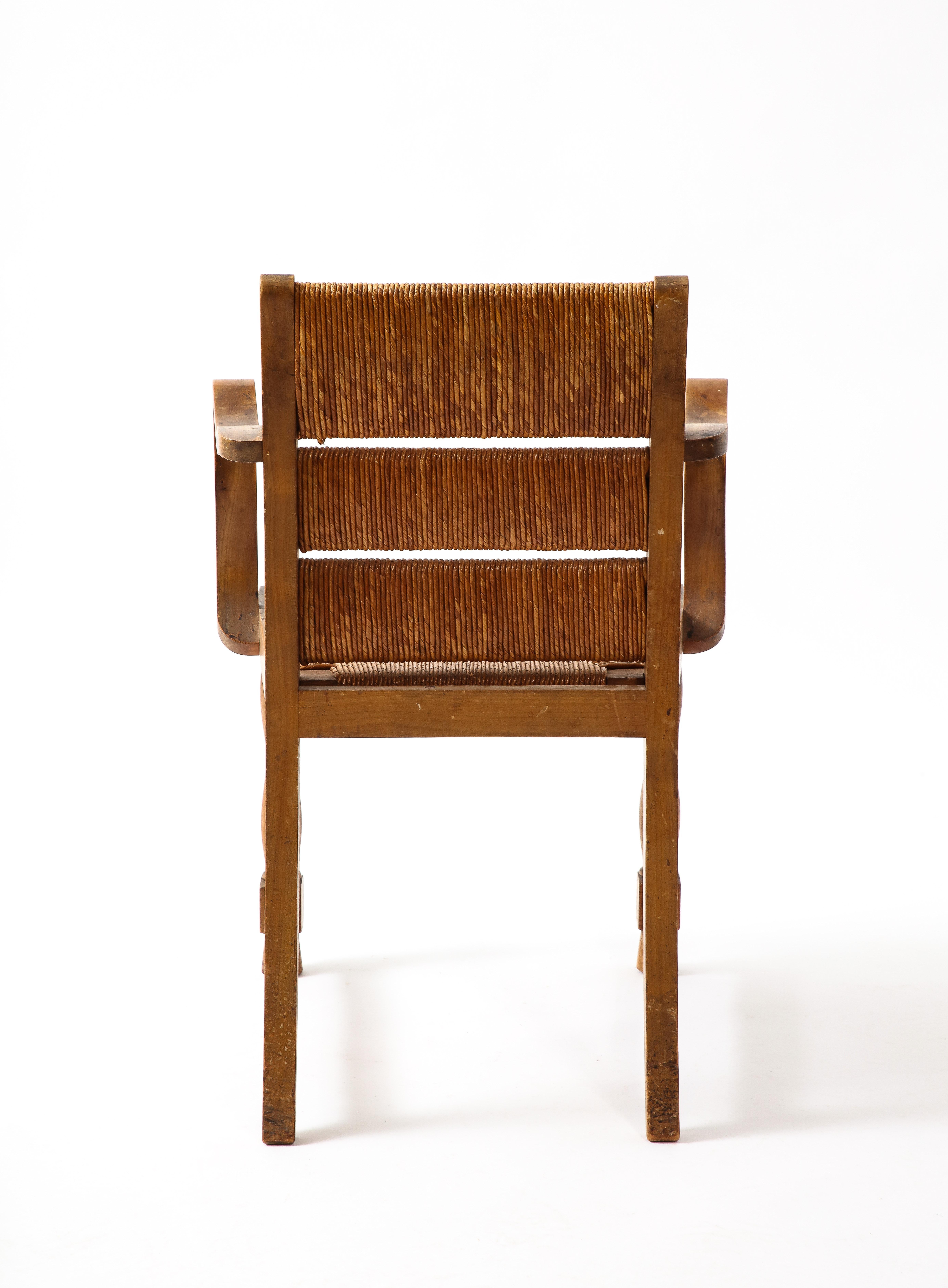 French Four Elm & Rush Chairs by Courtray, France 1940s