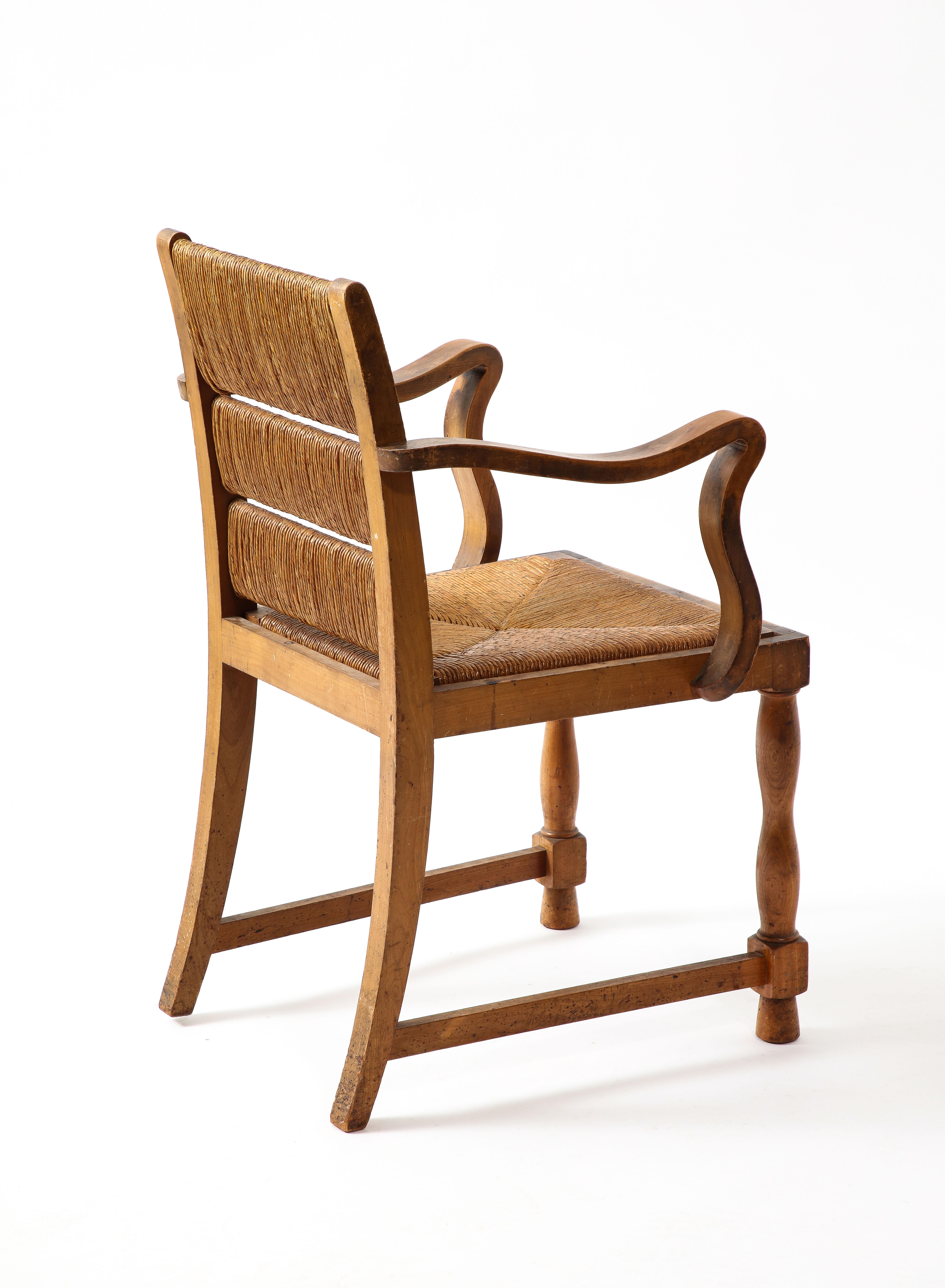 Four Elm & Rush Chairs by Courtray, France 1940s In Good Condition In New York, NY