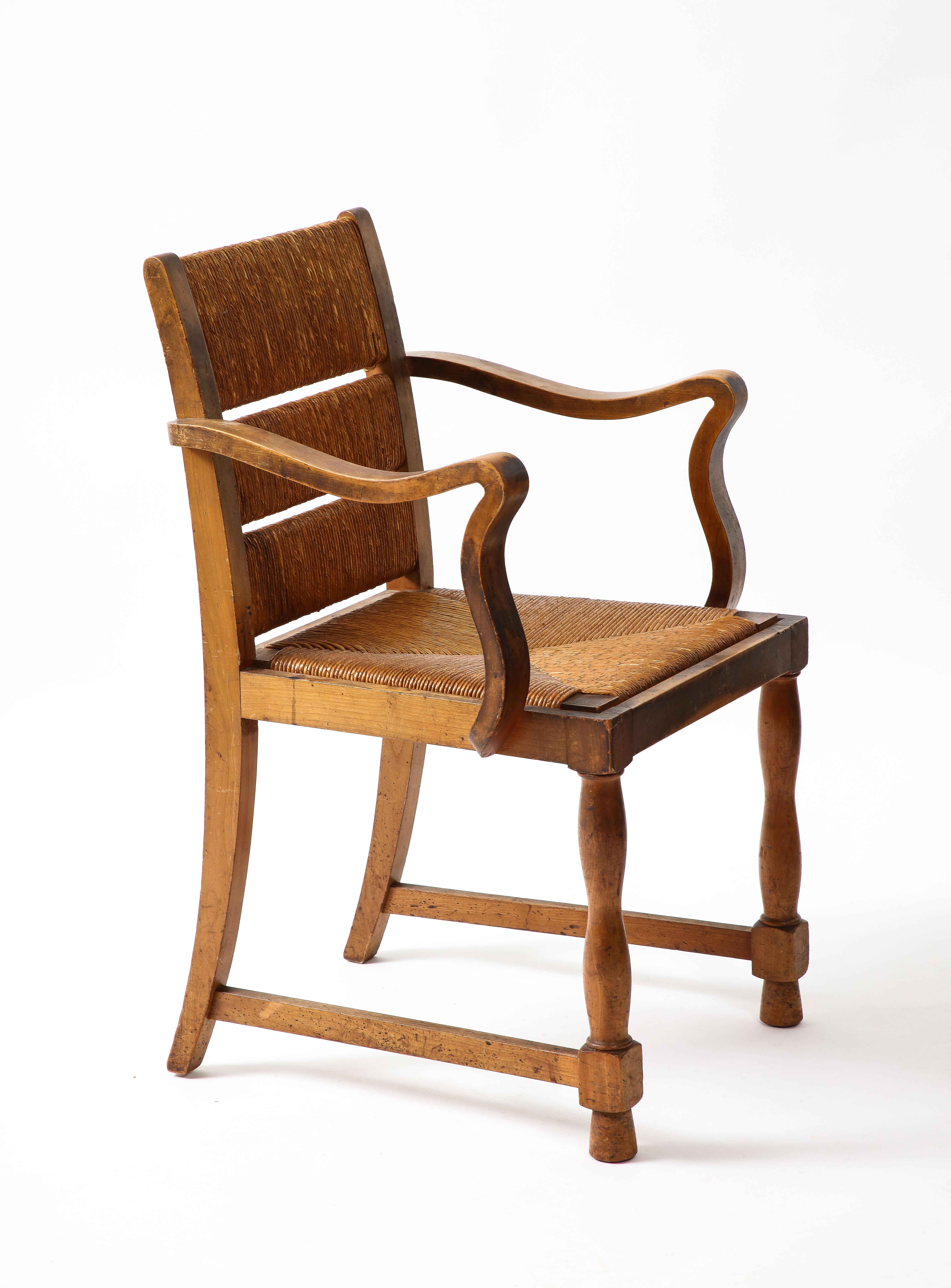 Four Elm & Rush Chairs by Courtray, France 1940s 2