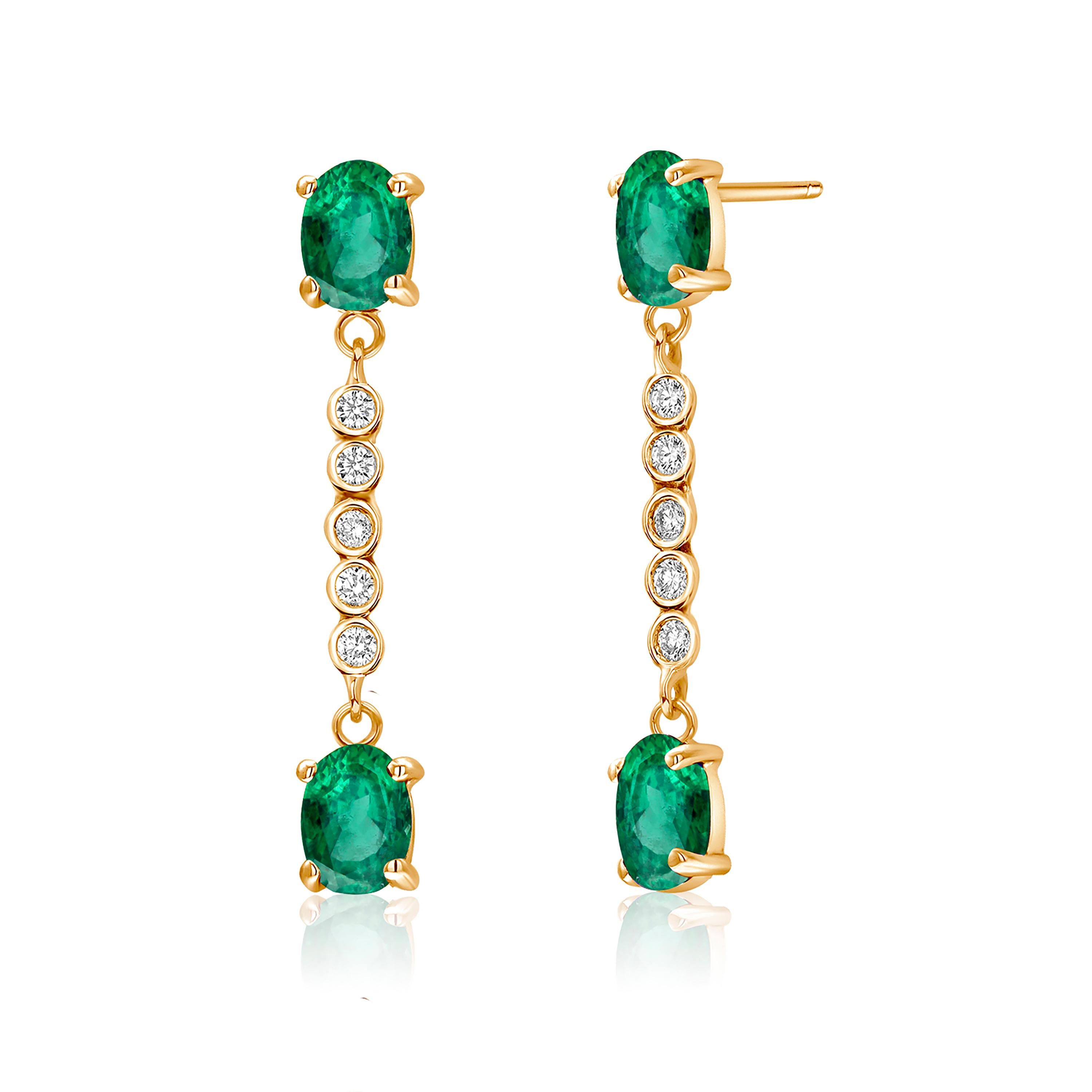 Oval Cut Four Emeralds Diamonds 2.90 Carat 14 Karat Yellow Gold 1.35 Inch Long Earrings For Sale