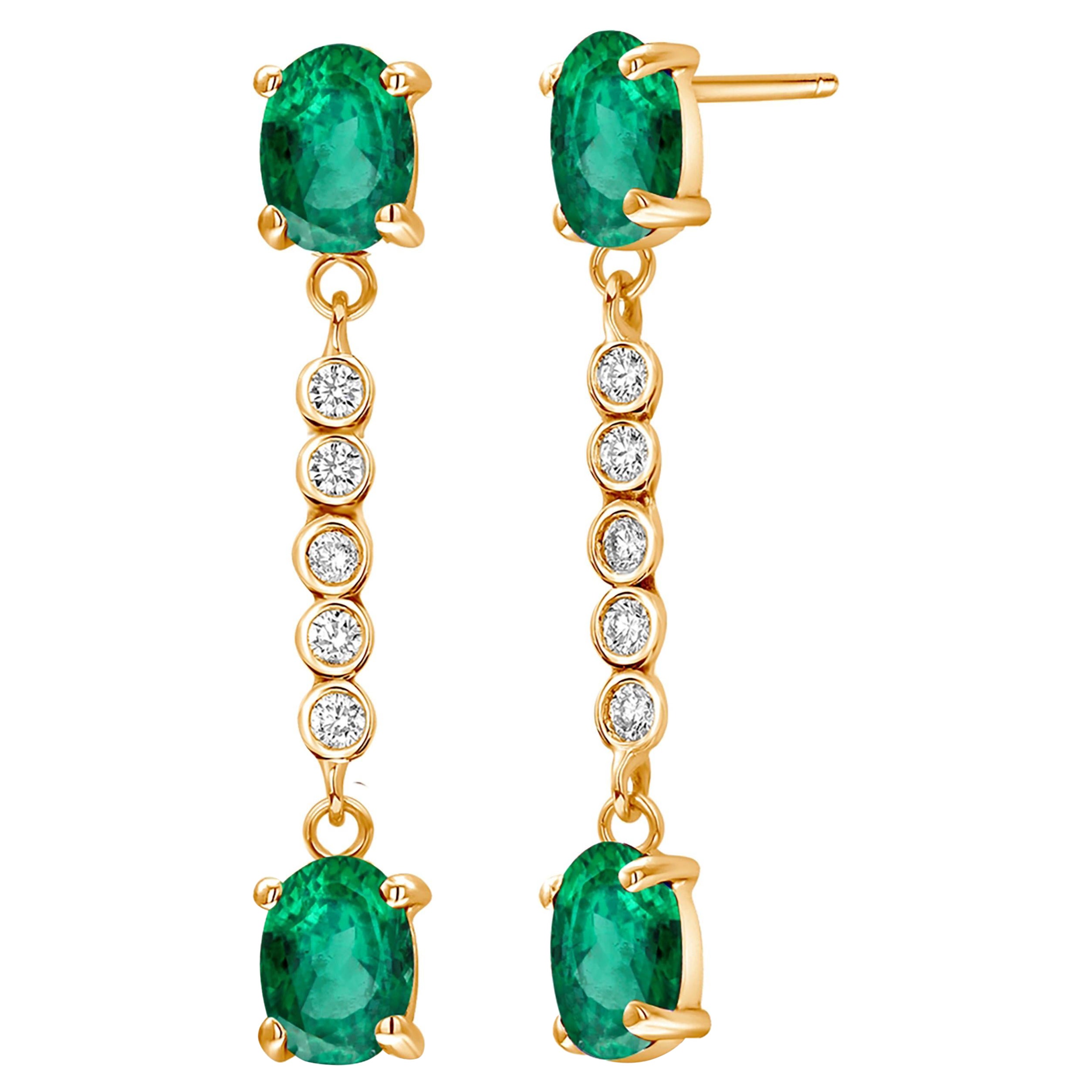 Four Emeralds Diamonds 2.90 Carat 14 Karat Yellow Gold 1.35 Inch Long Earrings For Sale