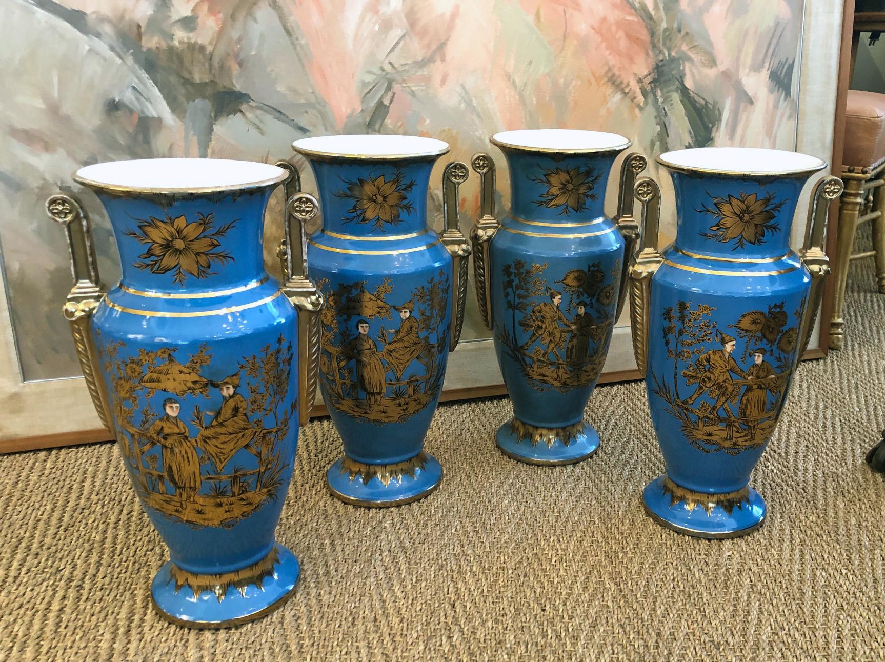French Four Empire Style Cerulean-Glazed Porcelain Vases with Chinoiserie Motifs