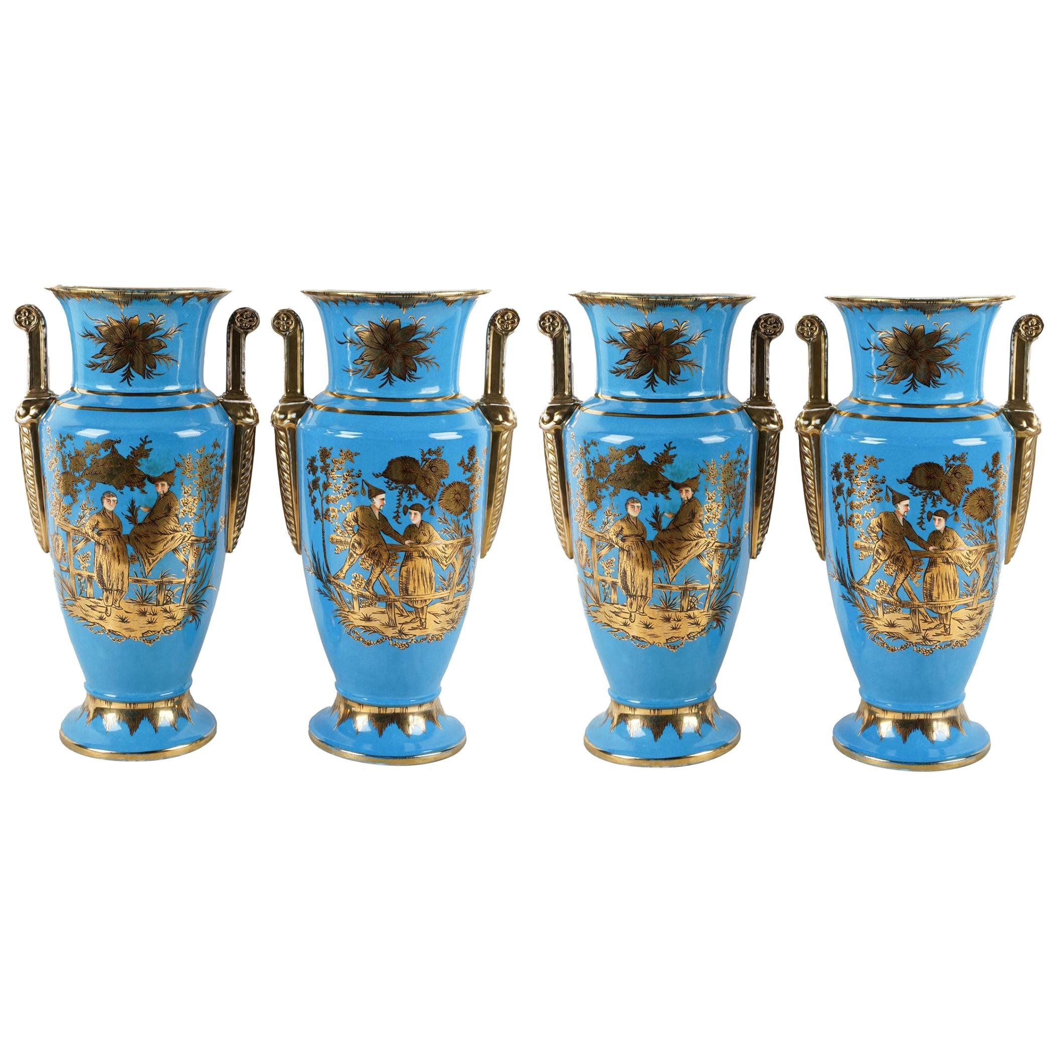 Four Empire Style Cerulean-Glazed Porcelain Vases with Chinoiserie Motifs