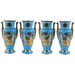 Four Empire Style Cerulean-Glazed Porcelain Vases with Chinoiserie Motifs