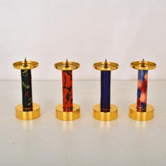 Set of Four Enamelled and Gilded Brass Candlesticks circa 1970