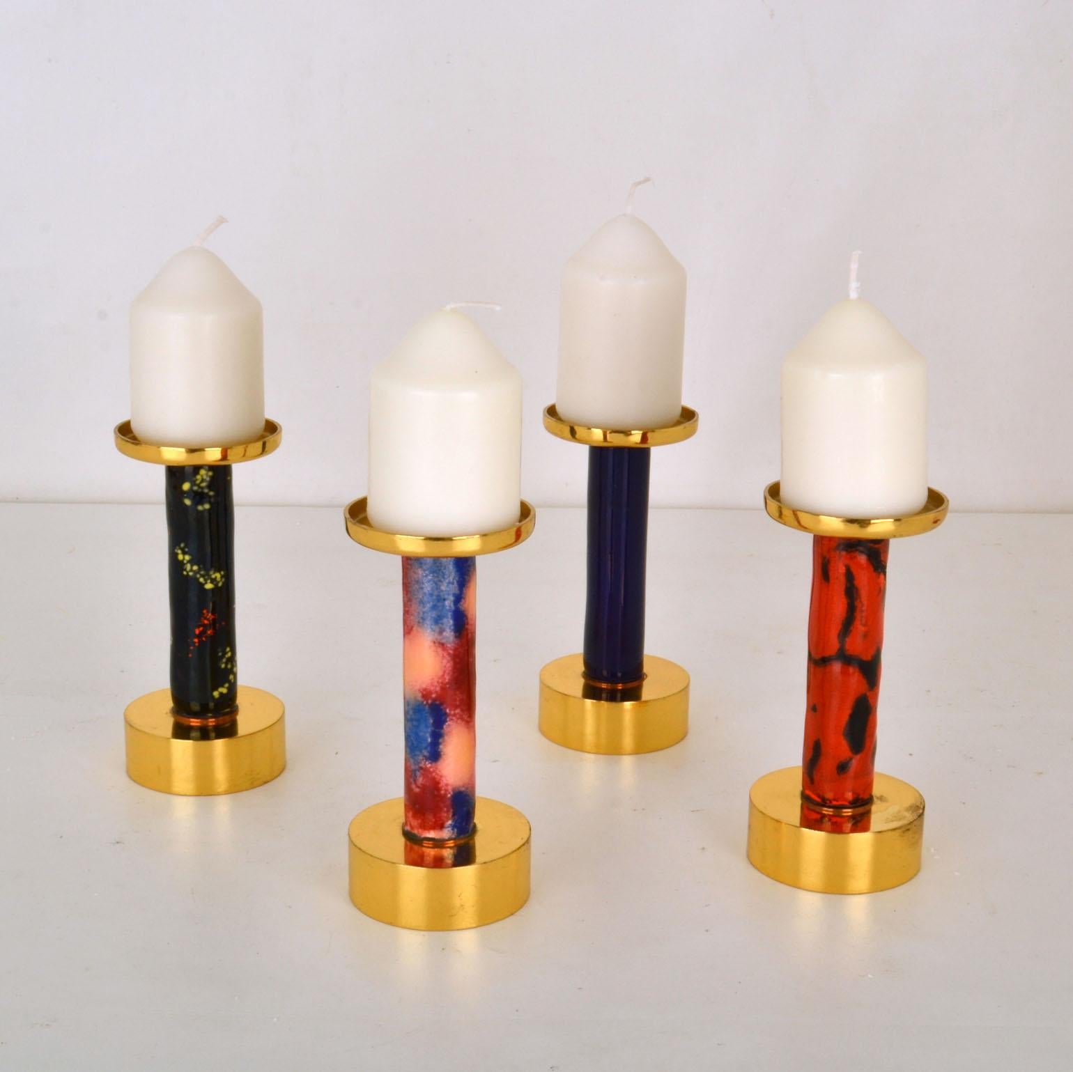 Mid-Century Modern Four Enameled and Gilded Brass Candle Sticks For Sale