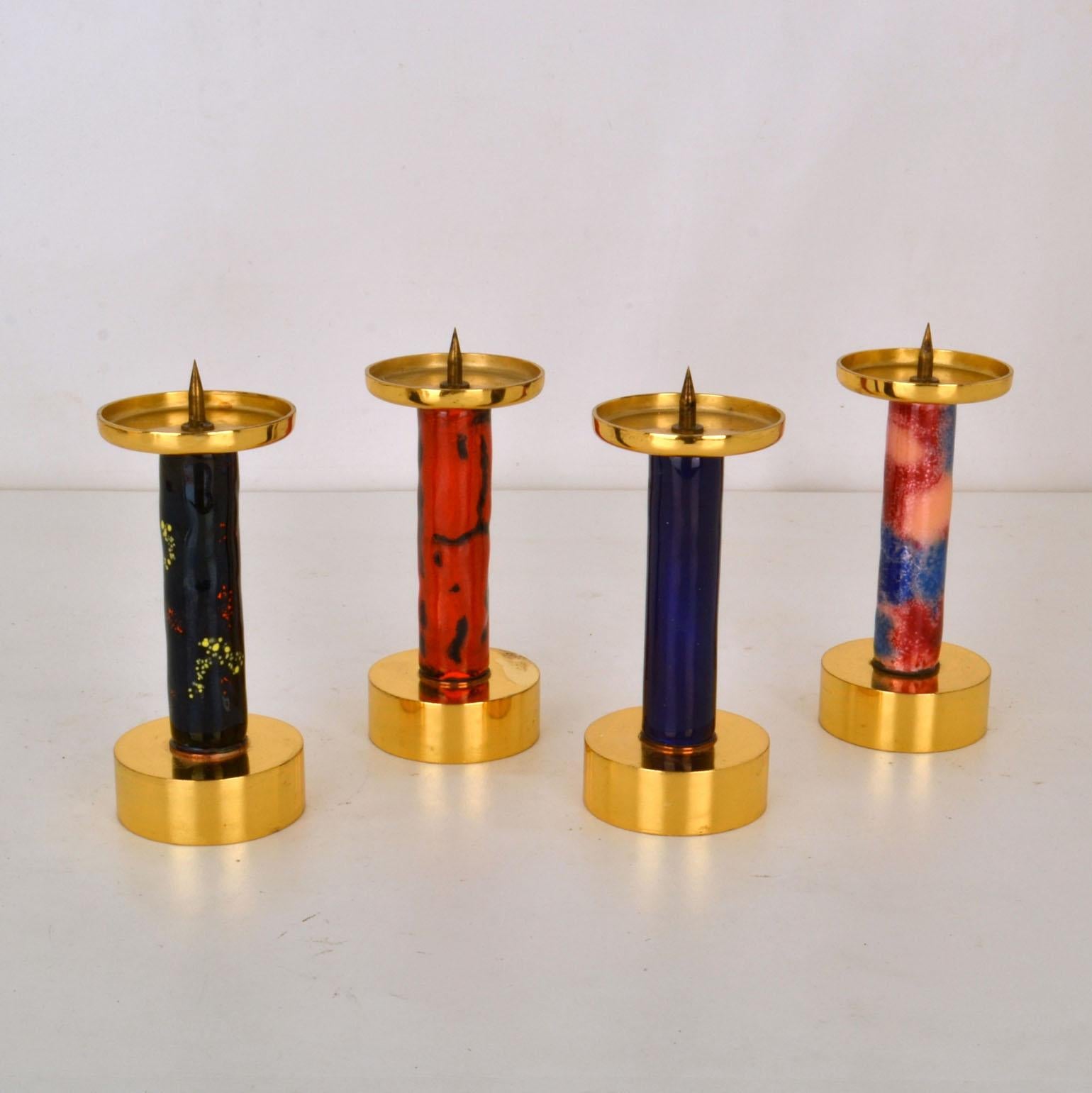 European Four Enameled and Gilded Brass Candle Sticks For Sale
