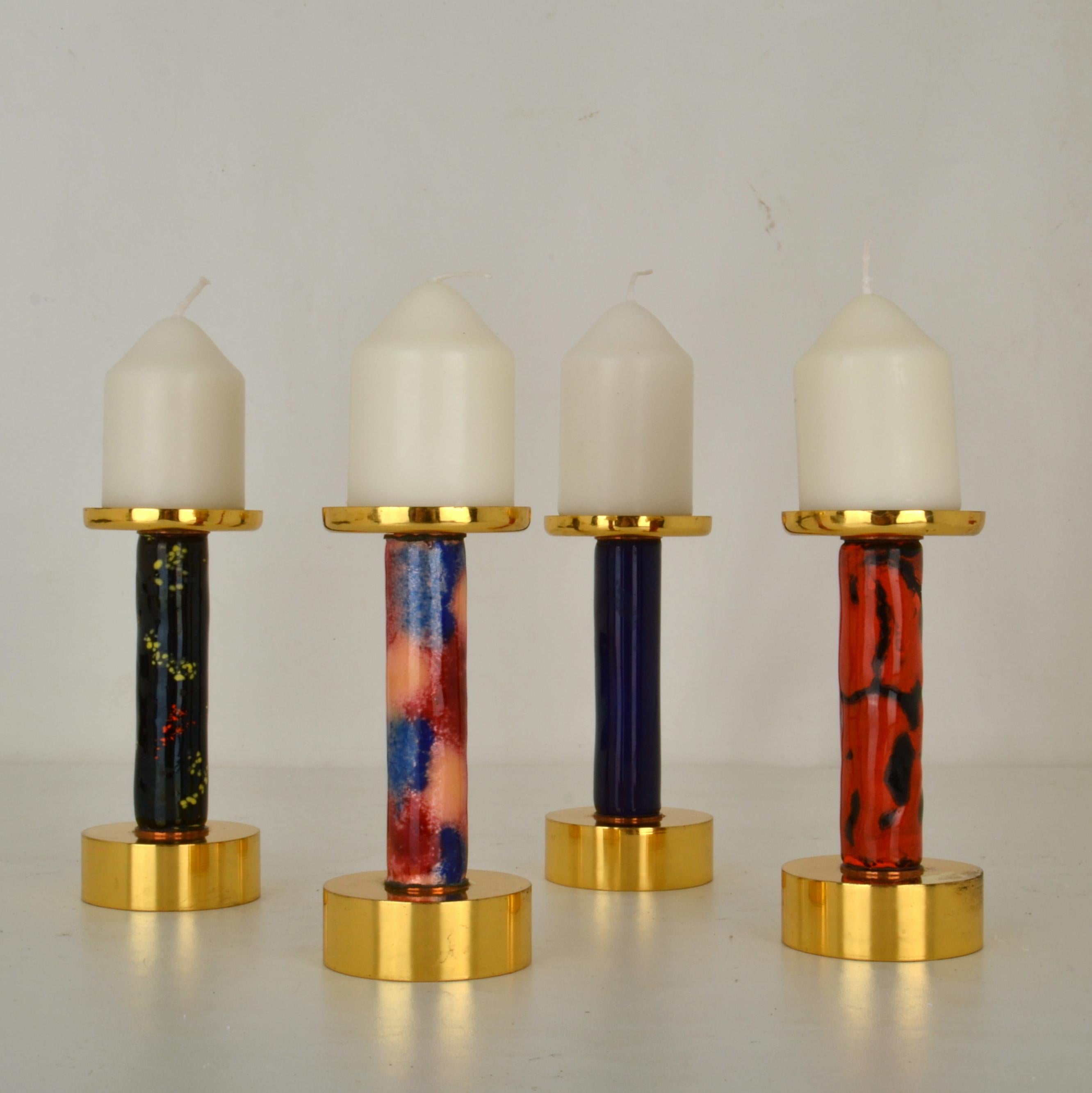Four Enameled and Gilded Brass Candle Sticks In Excellent Condition For Sale In London, GB