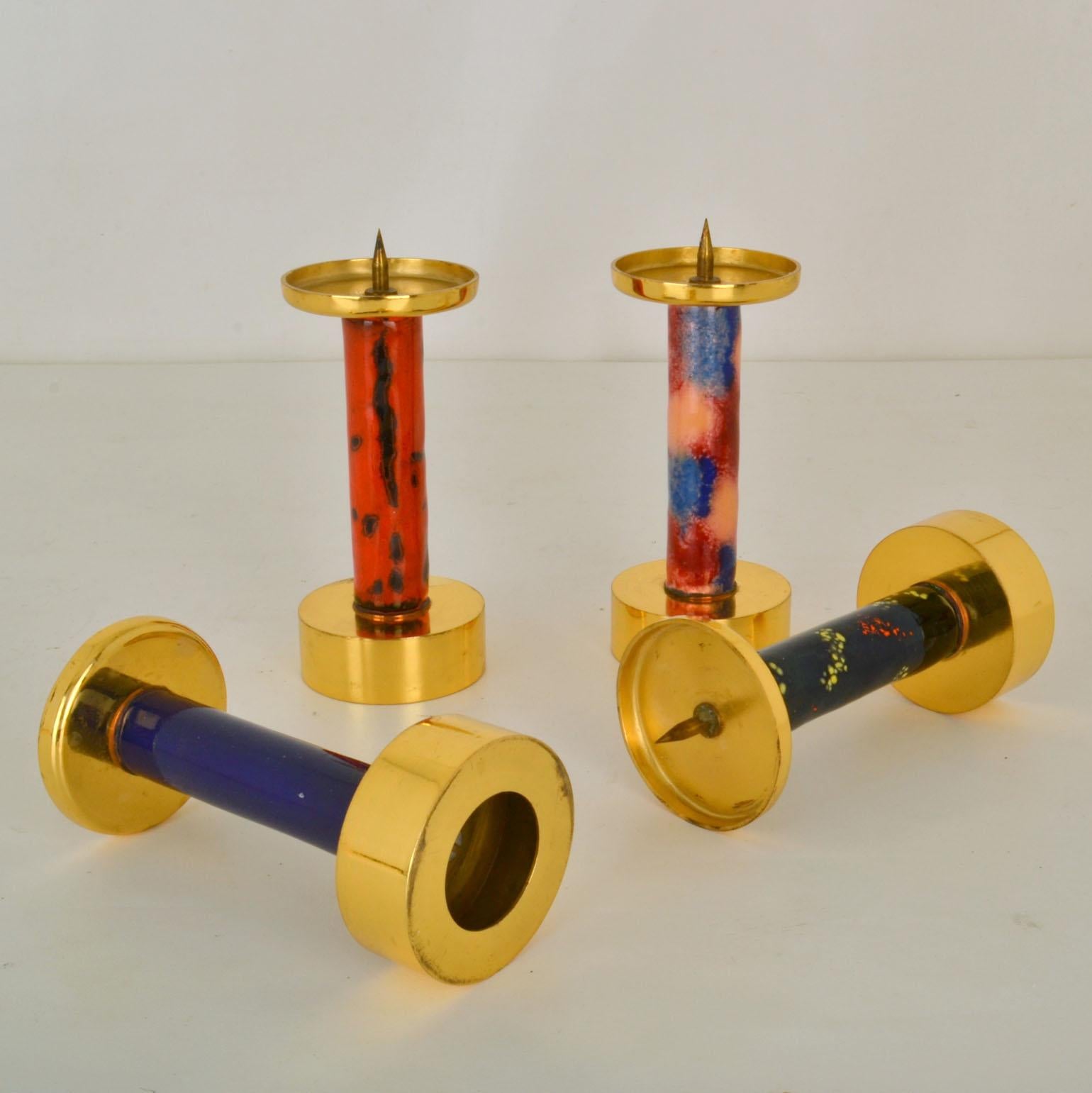 Late 20th Century Four Enameled and Gilded Brass Candle Sticks For Sale