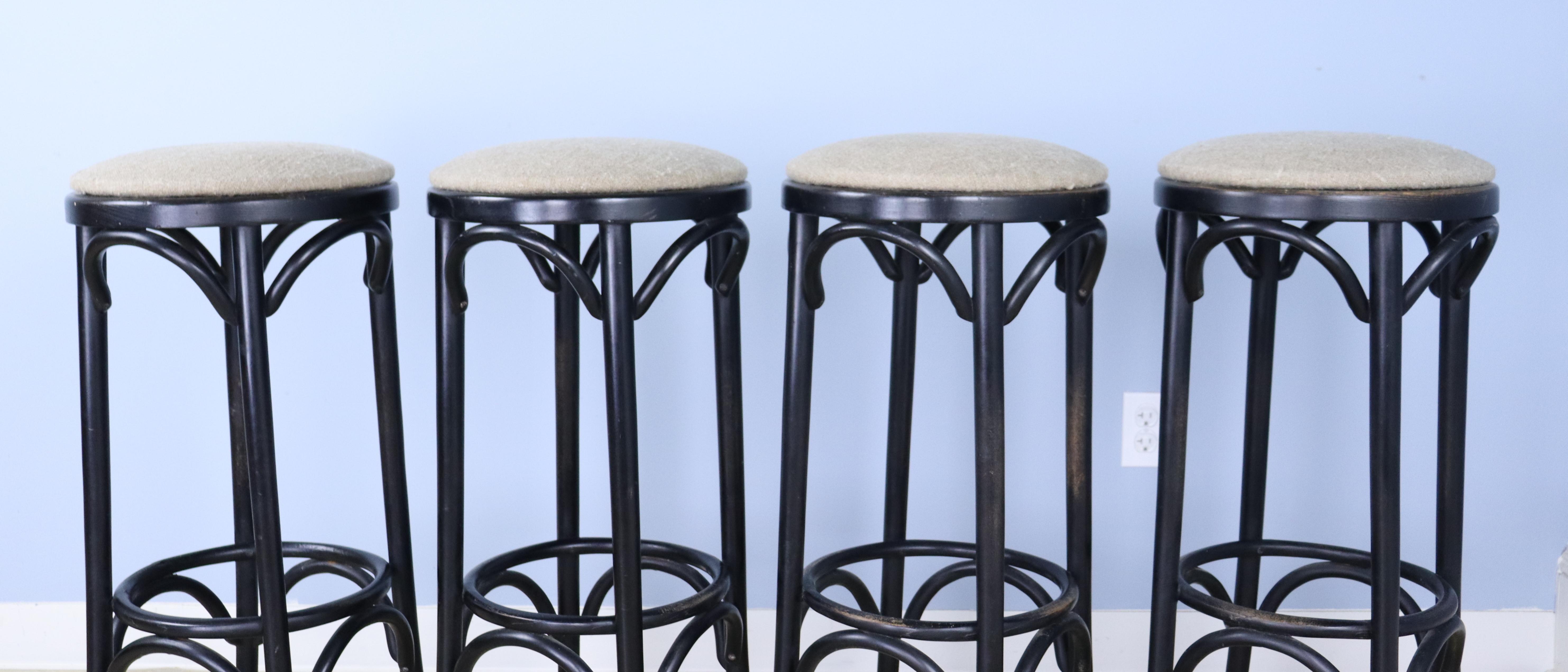 Early 20th Century Four English Bent Wood Bar Stools For Sale
