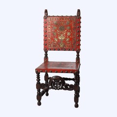 Four English Edwardian Gilt Tooled Leather Lion & Shield Dining Chairs c1900