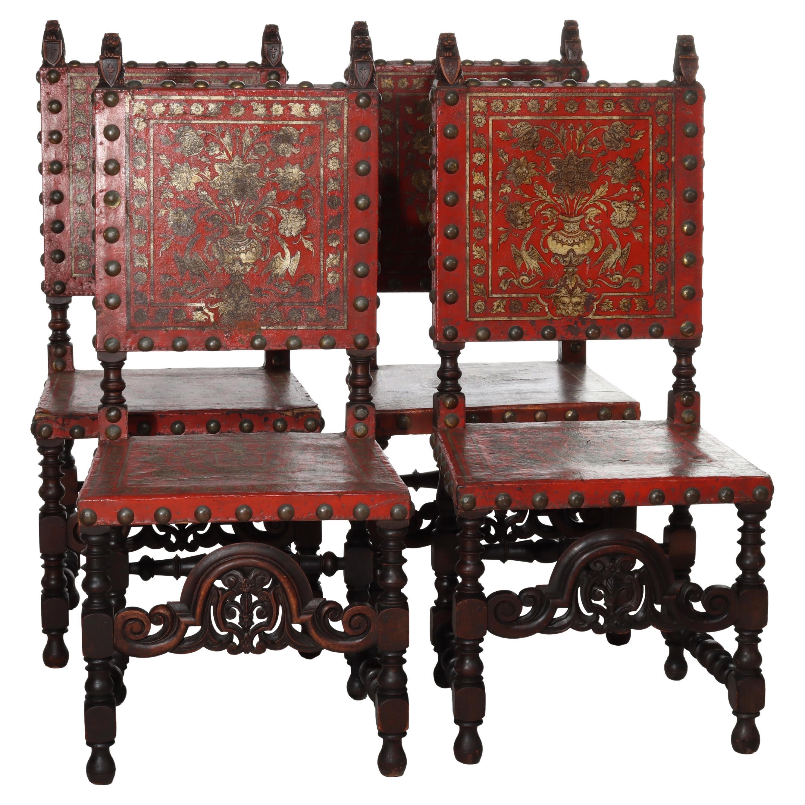 Four English Edwardian Gilt Tooled Leather Lion & Shield Dining Chairs c1900 For Sale