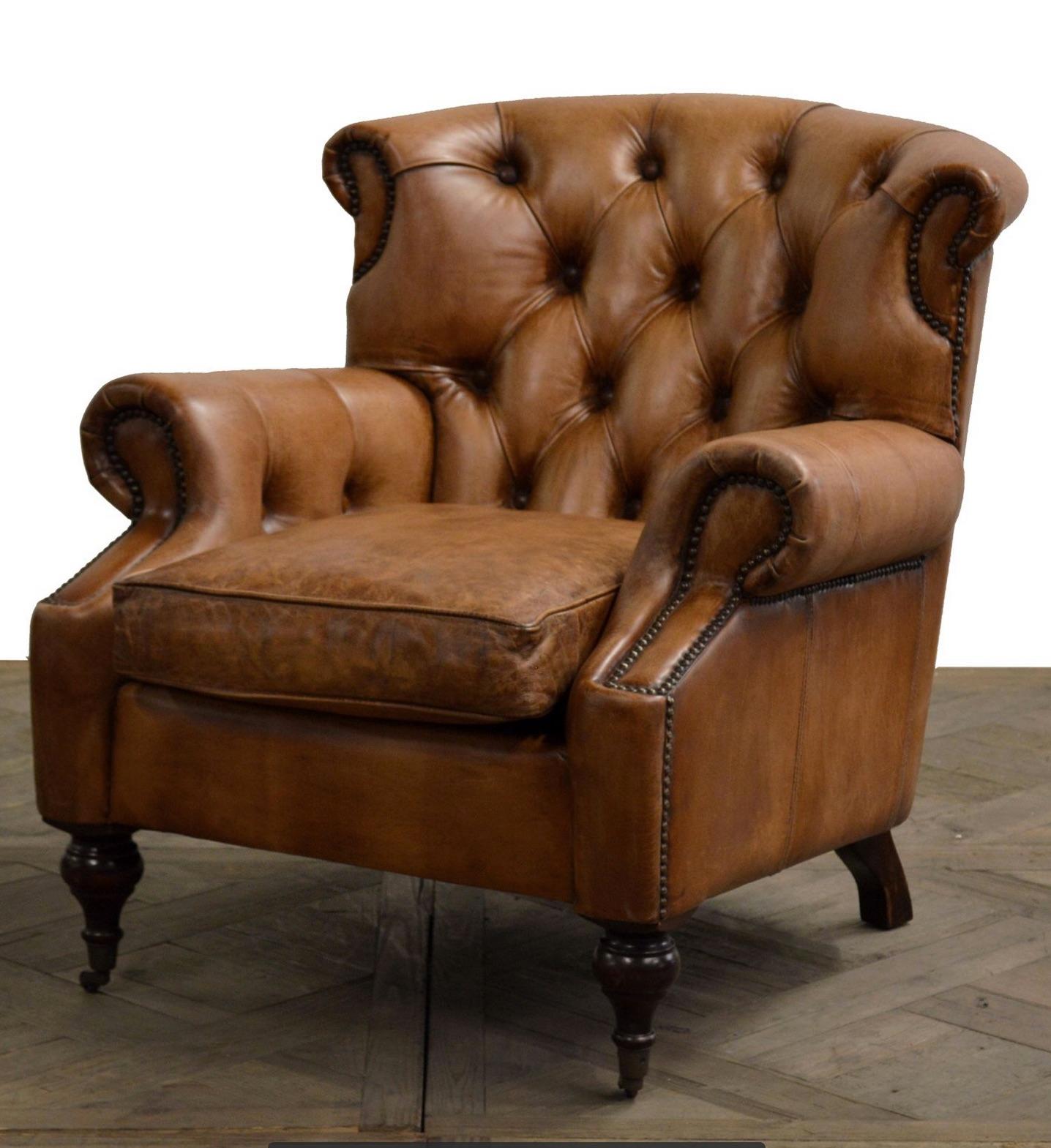 Leather Four English Georgian Style Club Chair with Tufted Back, Lovely Hand Worn Patina For Sale