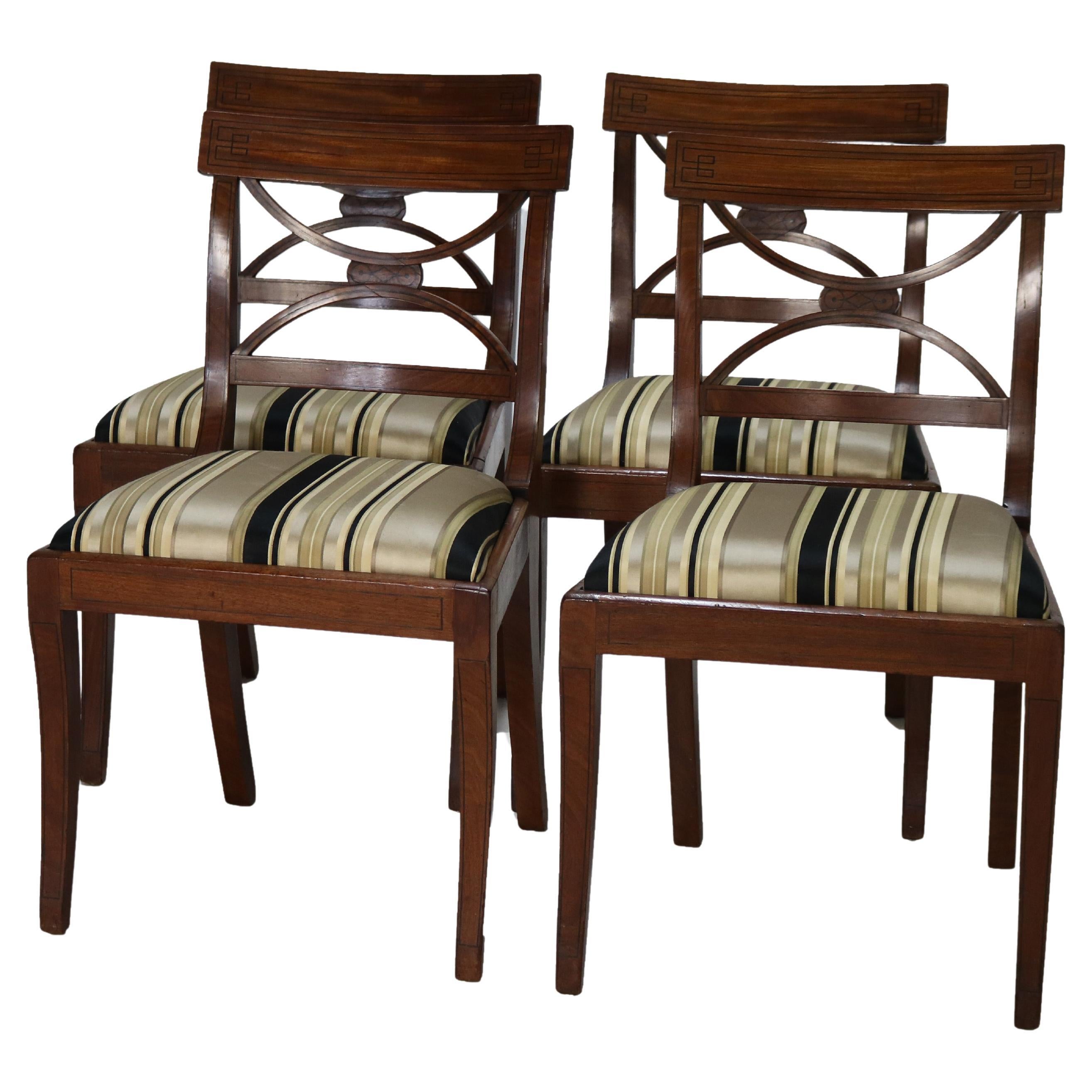 Four English Regency Mahogany & Ebony Inlay Splat Back Dining Side Chairs c1830