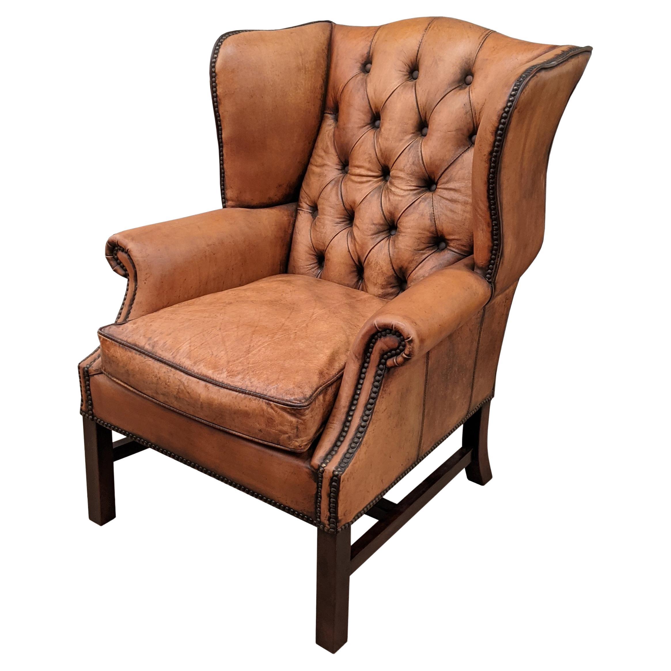 Four English Style wingback Chairs with Tufted Back, Hand Distressed Leather For Sale