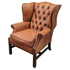Four English Style wingback Chairs with Tufted Back, Hand Distressed Leather