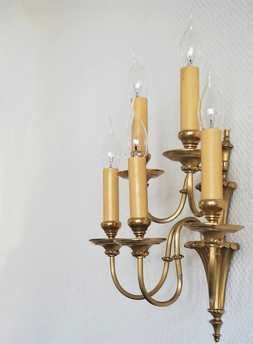 Gilt Four English Victorian Style Brass Five-Light Electrified Wall Sconces