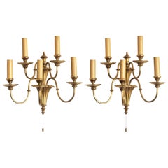 Antique Four English Victorian Style Brass Five-Light Electrified Wall Sconces
